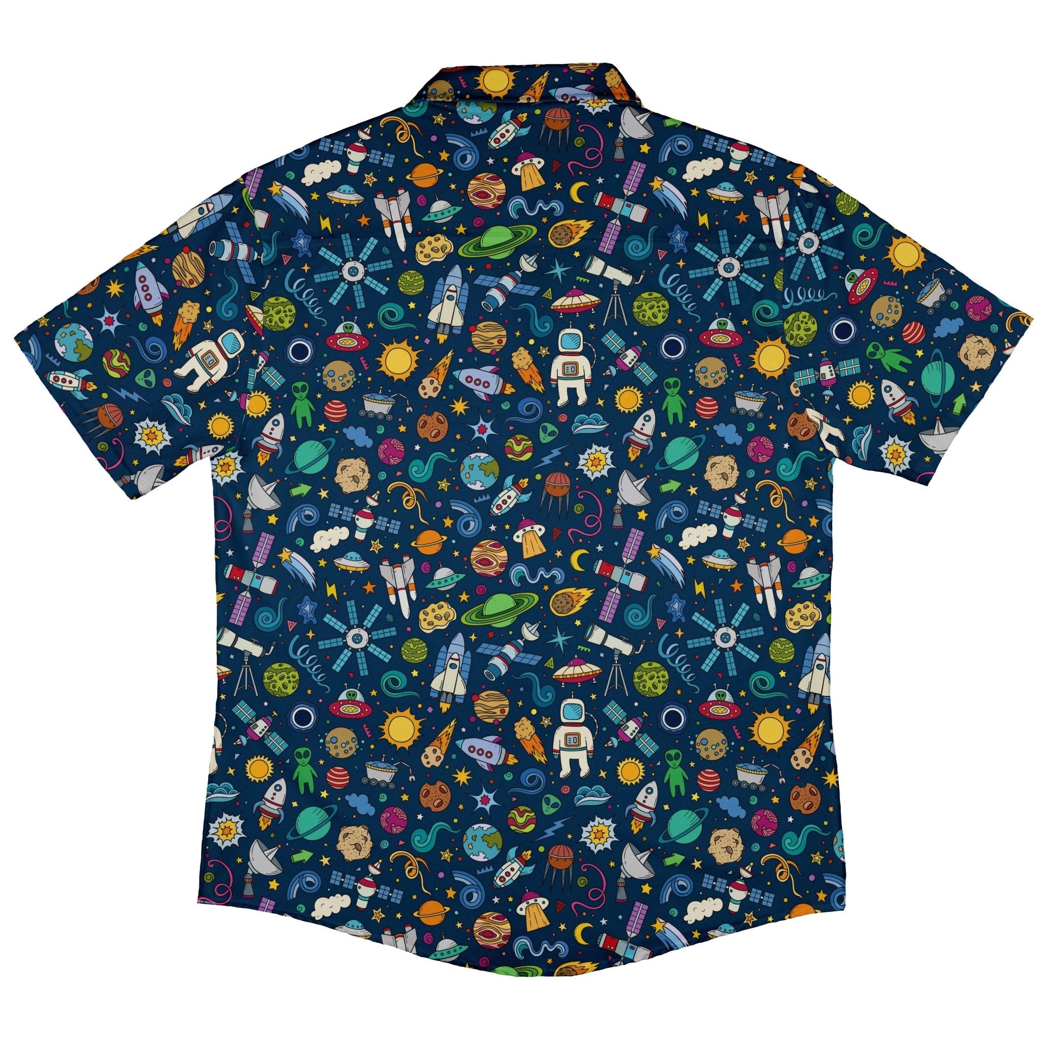 Cartoon Space Objects Outer Space Navy Button Up Shirt - adult sizing - Maximalist Patterns - outer space & astronaut print