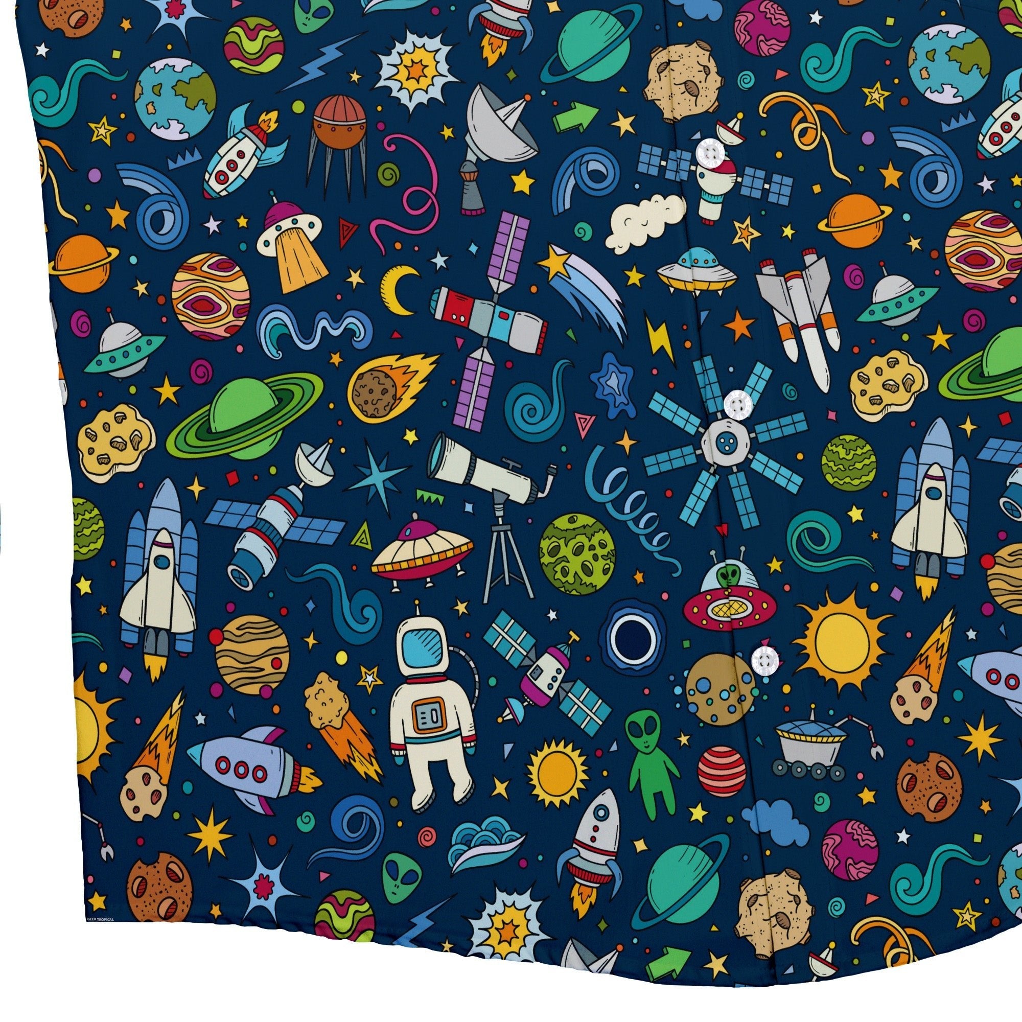 Cartoon Space Objects Outer Space Navy Button Up Shirt - adult sizing - Maximalist Patterns - outer space & astronaut print