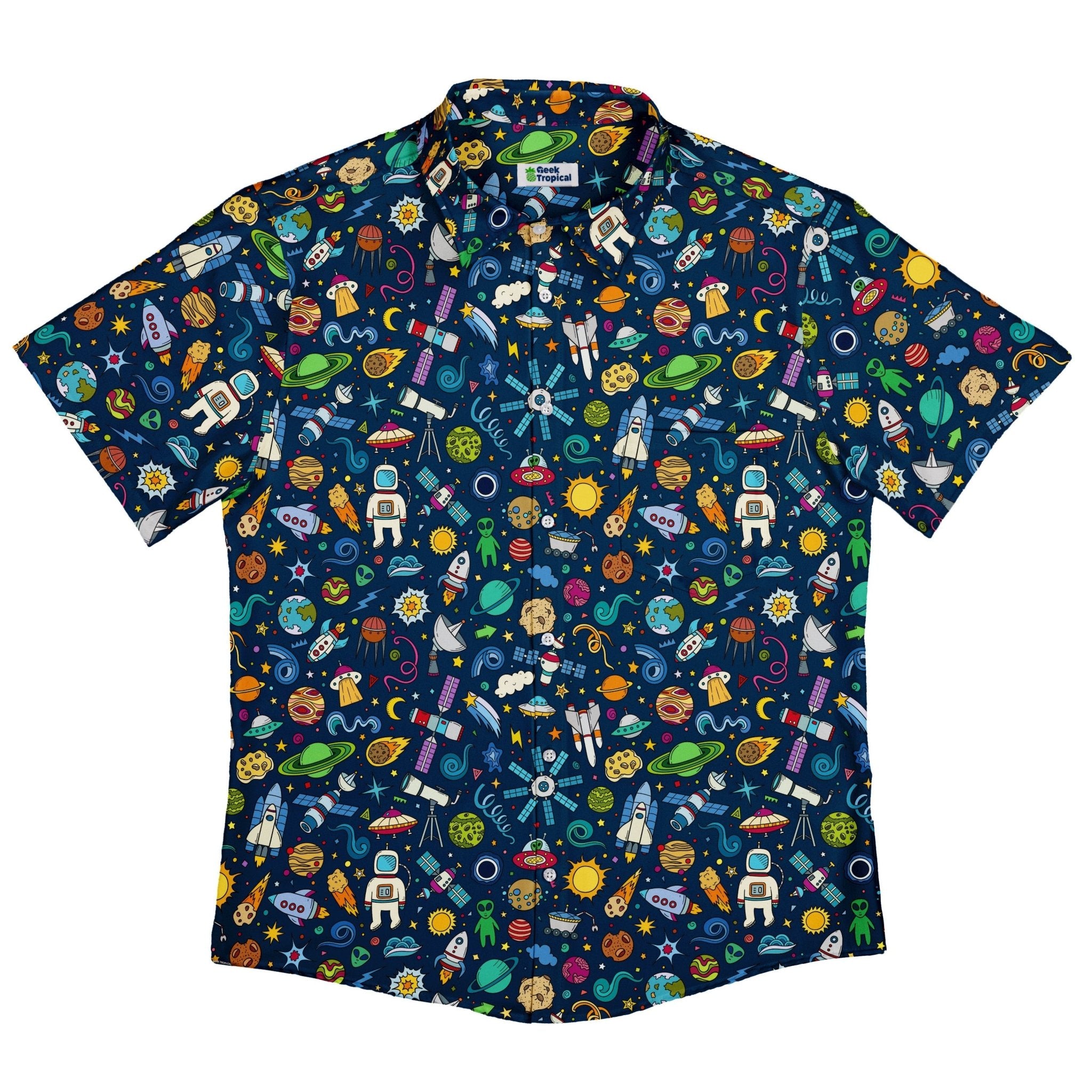 Cartoon Space Objects Outer Space Navy Button Up Shirt - adult sizing - Maximalist Patterns - outer space & astronaut print