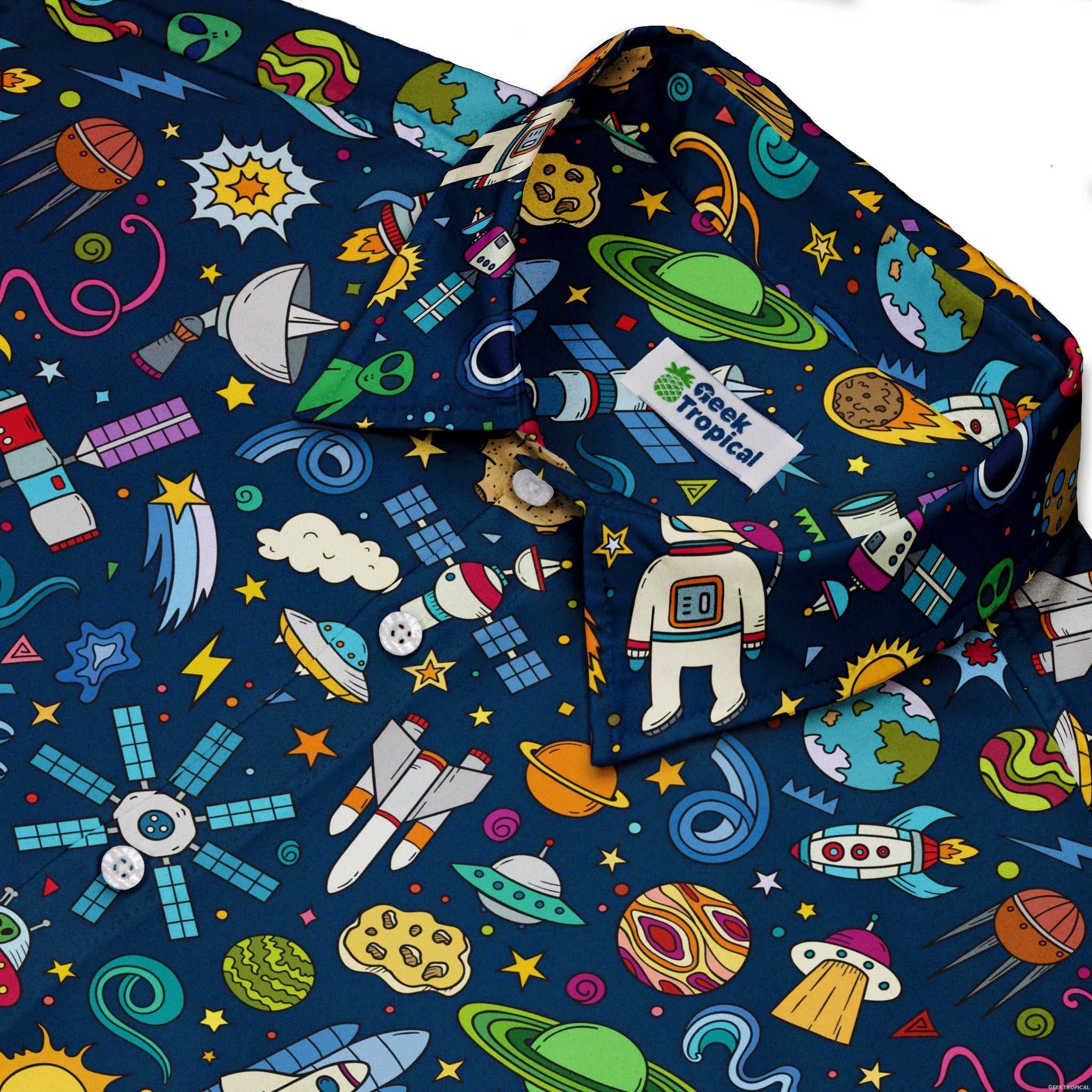 Cartoon Space Objects Outer Space Navy Button Up Shirt - adult sizing - Maximalist Patterns - outer space & astronaut print