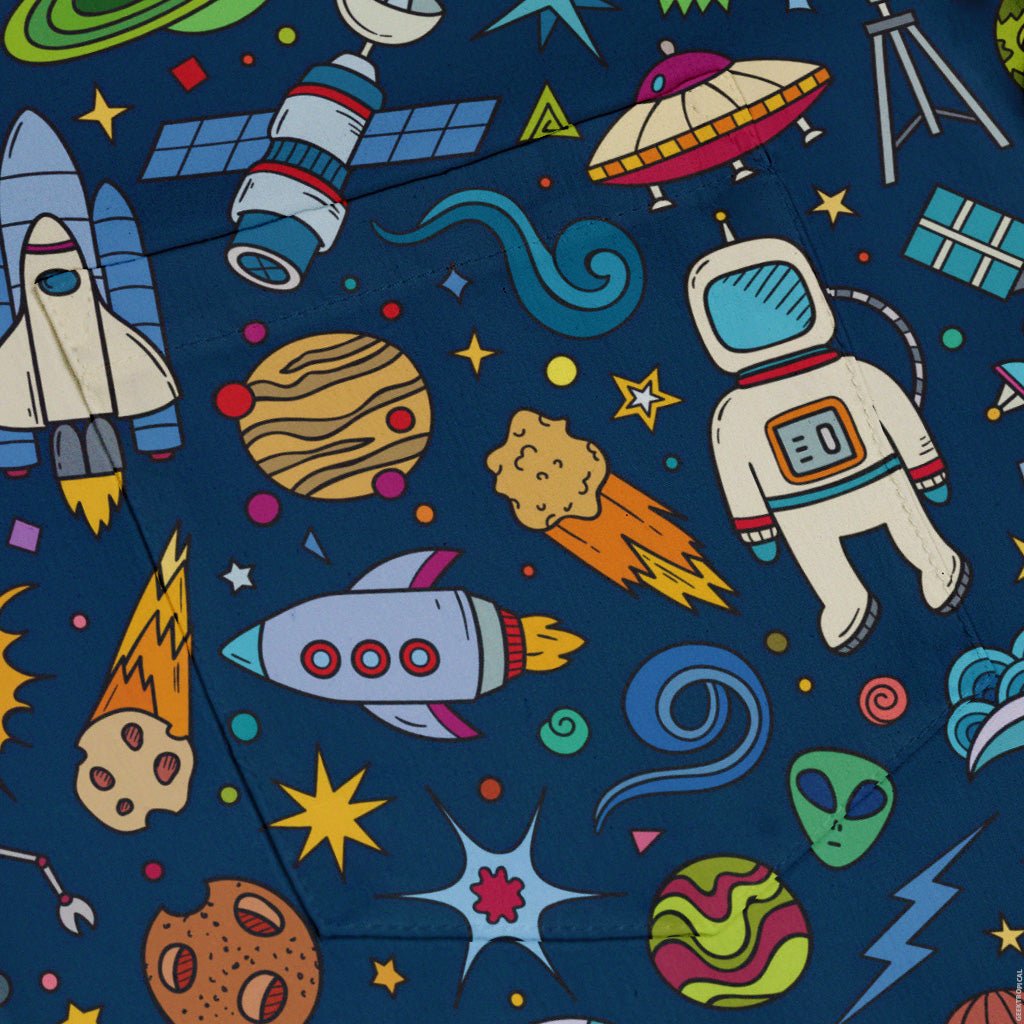 Cartoon Space Objects Outer Space Navy Button Up Shirt - adult sizing - Maximalist Patterns - outer space & astronaut print