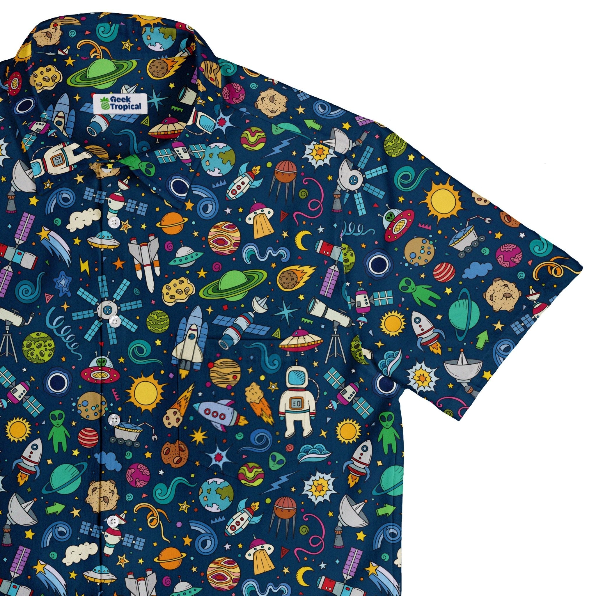 Cartoon Space Objects Outer Space Navy Button Up Shirt - adult sizing - Maximalist Patterns - outer space & astronaut print