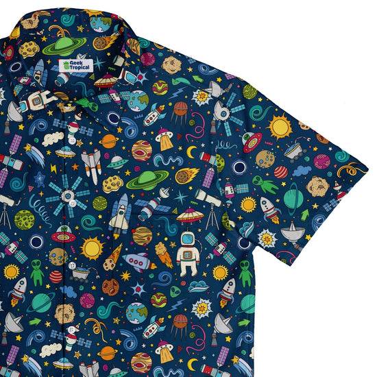 Cartoon Space Objects Outer Space Navy Button Up Shirt - adult sizing - Maximalist Patterns - outer space & astronaut print