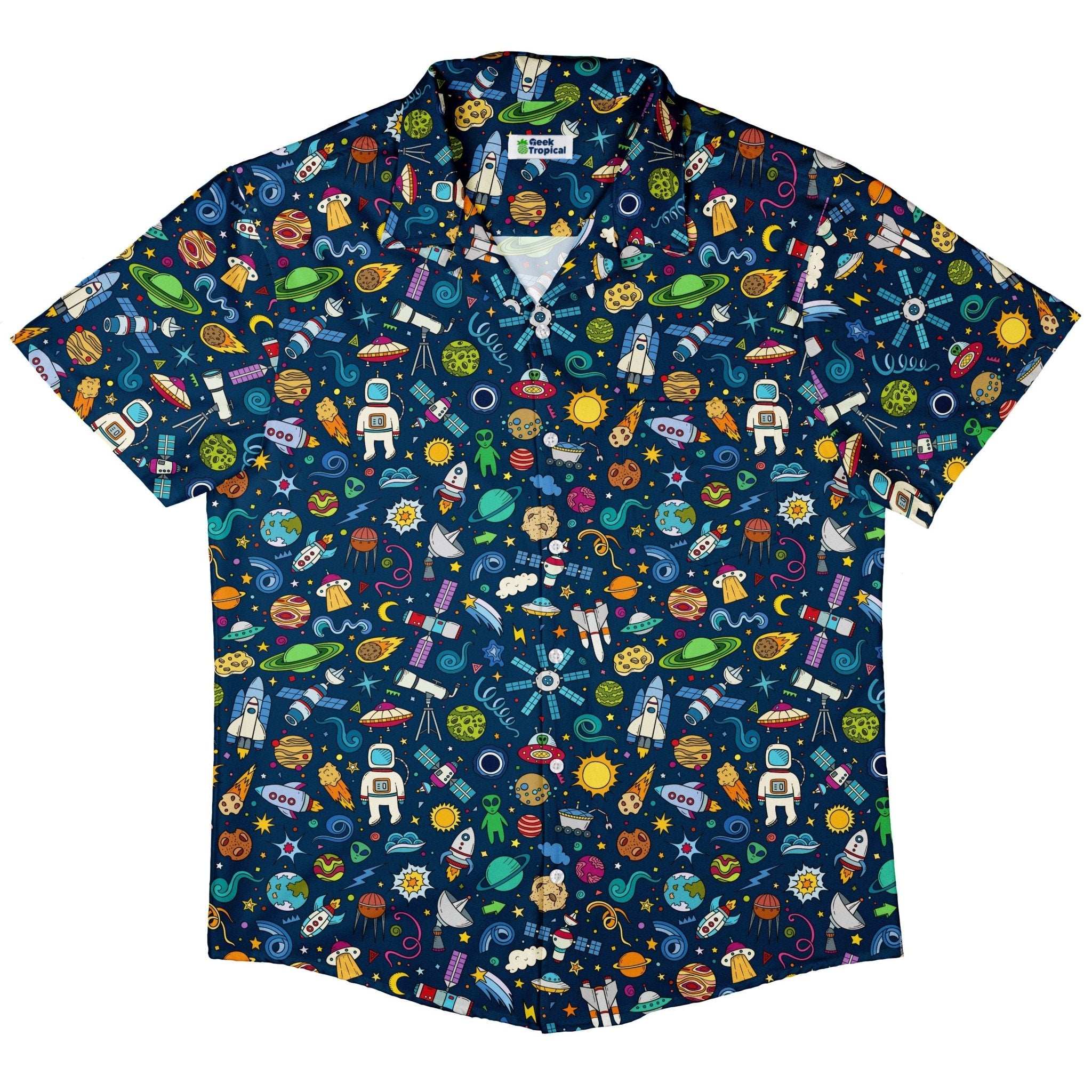 Cartoon Space Objects Outer Space Navy Button Up Shirt - adult sizing - Maximalist Patterns - outer space & astronaut print