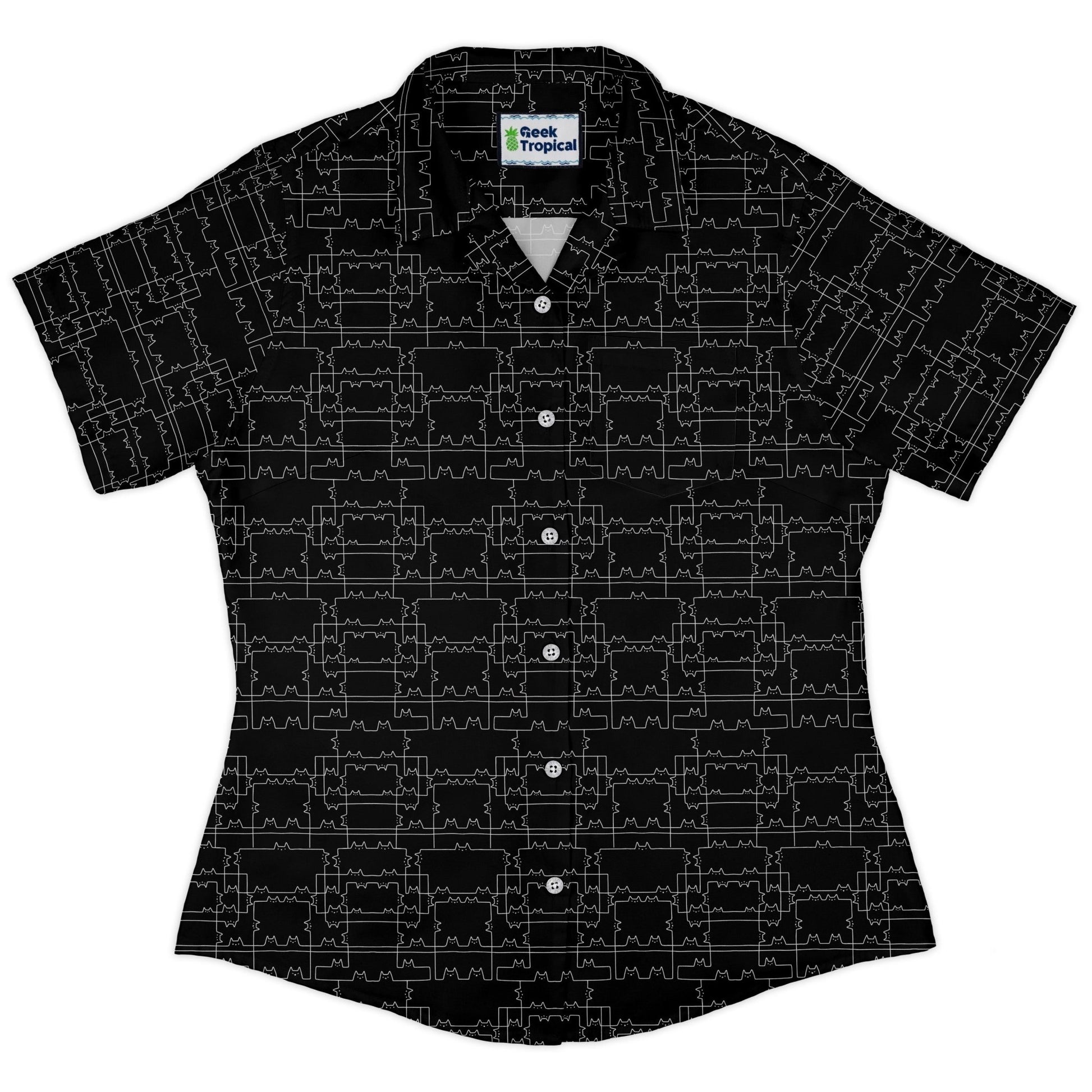 Cat Geometric Cubism Curvy Button Up Shirt Geek Nerd 0925 All Adult Button Up Shirts Animal Patterns