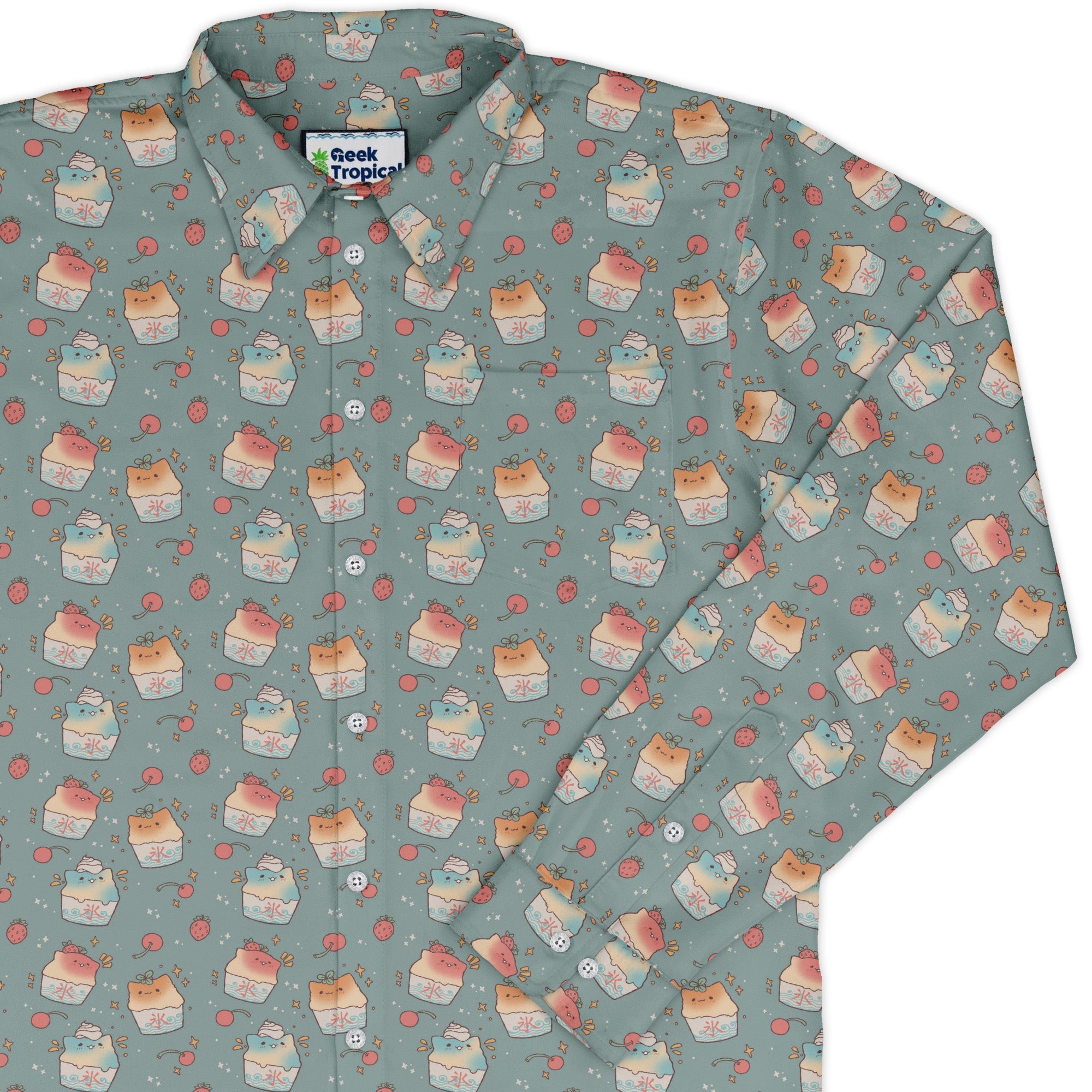 Cat Kakigori Anime Long Sleeve Button Up Shirt Geek Nerd adult sizing Animal Patterns Anime