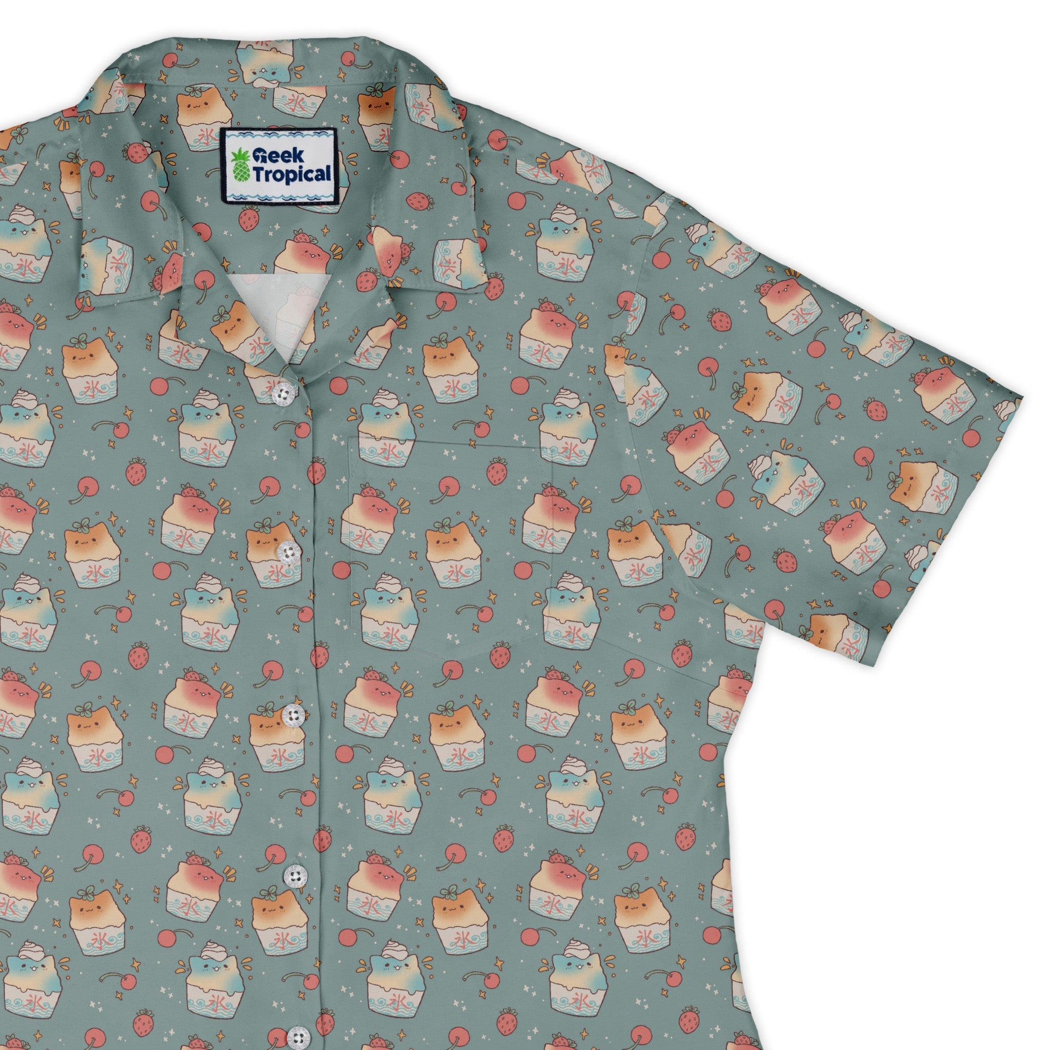 Cat Kakigori Anime Curvy Button Up Shirt Geek Nerd Animal Patterns Anime Design by Ardi Tong