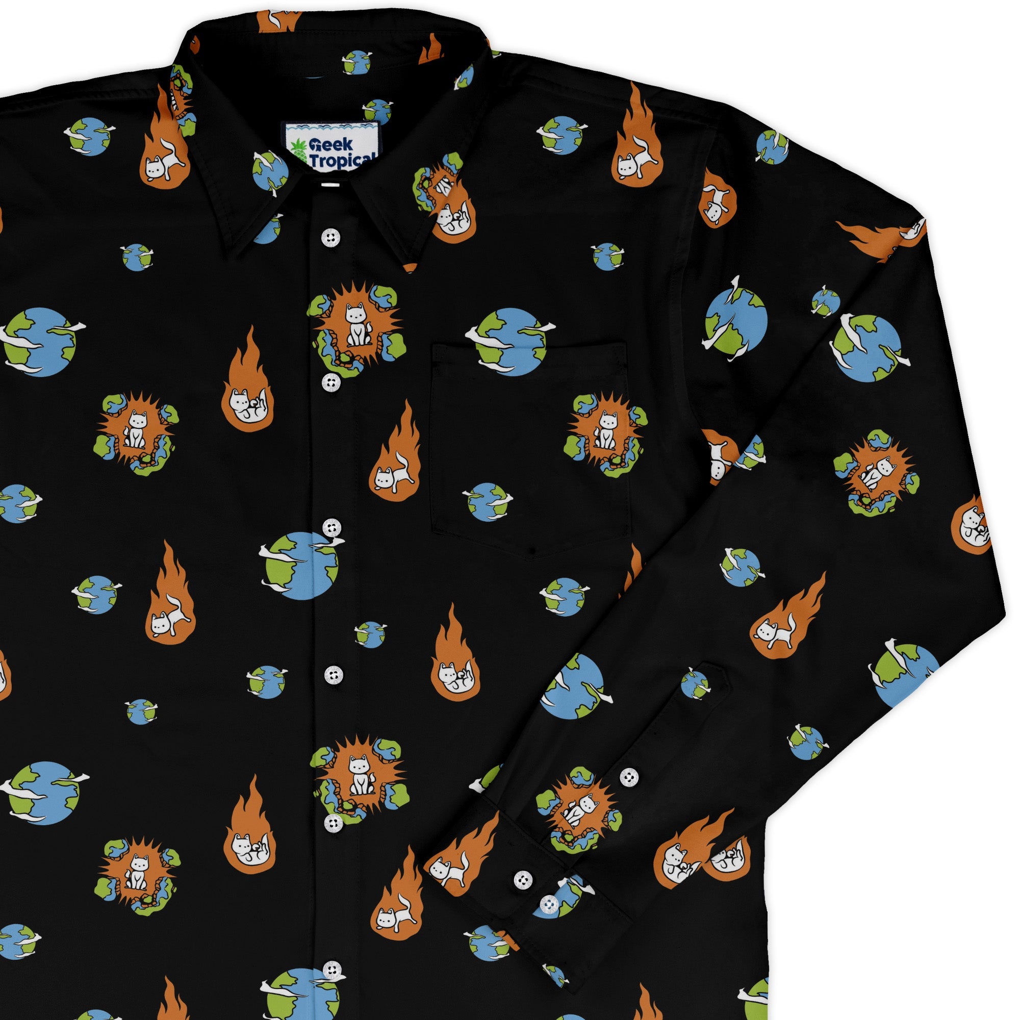 Cat Meteor Shower Space Long Sleeve Button Up Shirt Geek Nerd adult sizing Animal Patterns Design by Tobe Fonseca