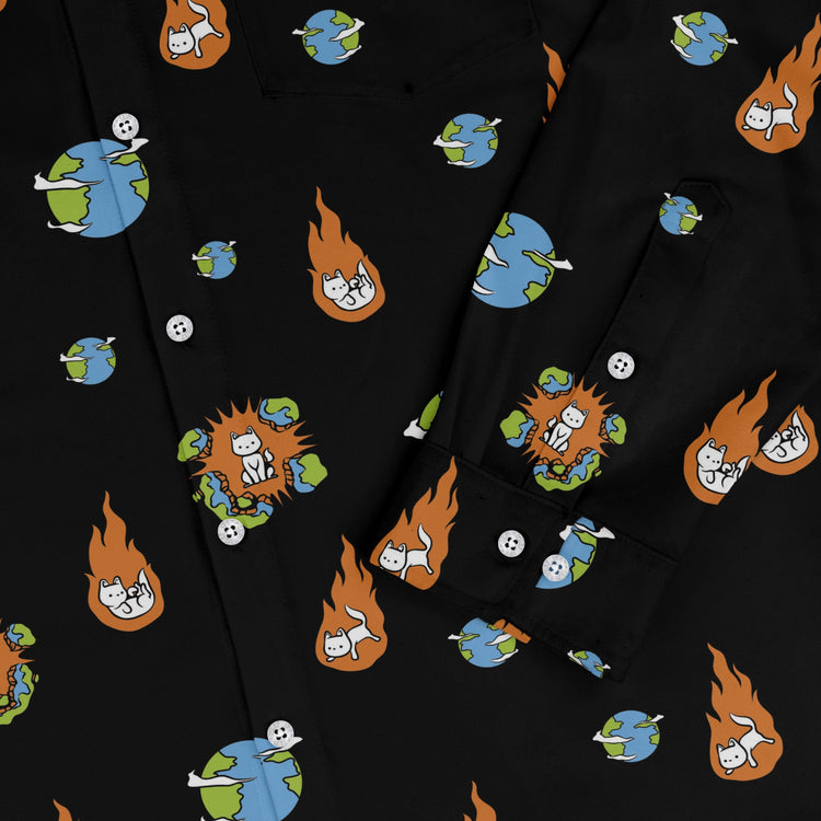Cat Meteor Shower Space Long Sleeve Button Up Shirt Geek Nerd adult sizing Animal Patterns Design by Tobe Fonseca