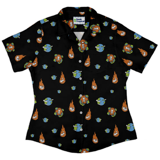 Cat Meteor Shower Space Curvy Button Up Shirt Geek Nerd Animal Patterns Design by Tobe Fonseca Funny Prints