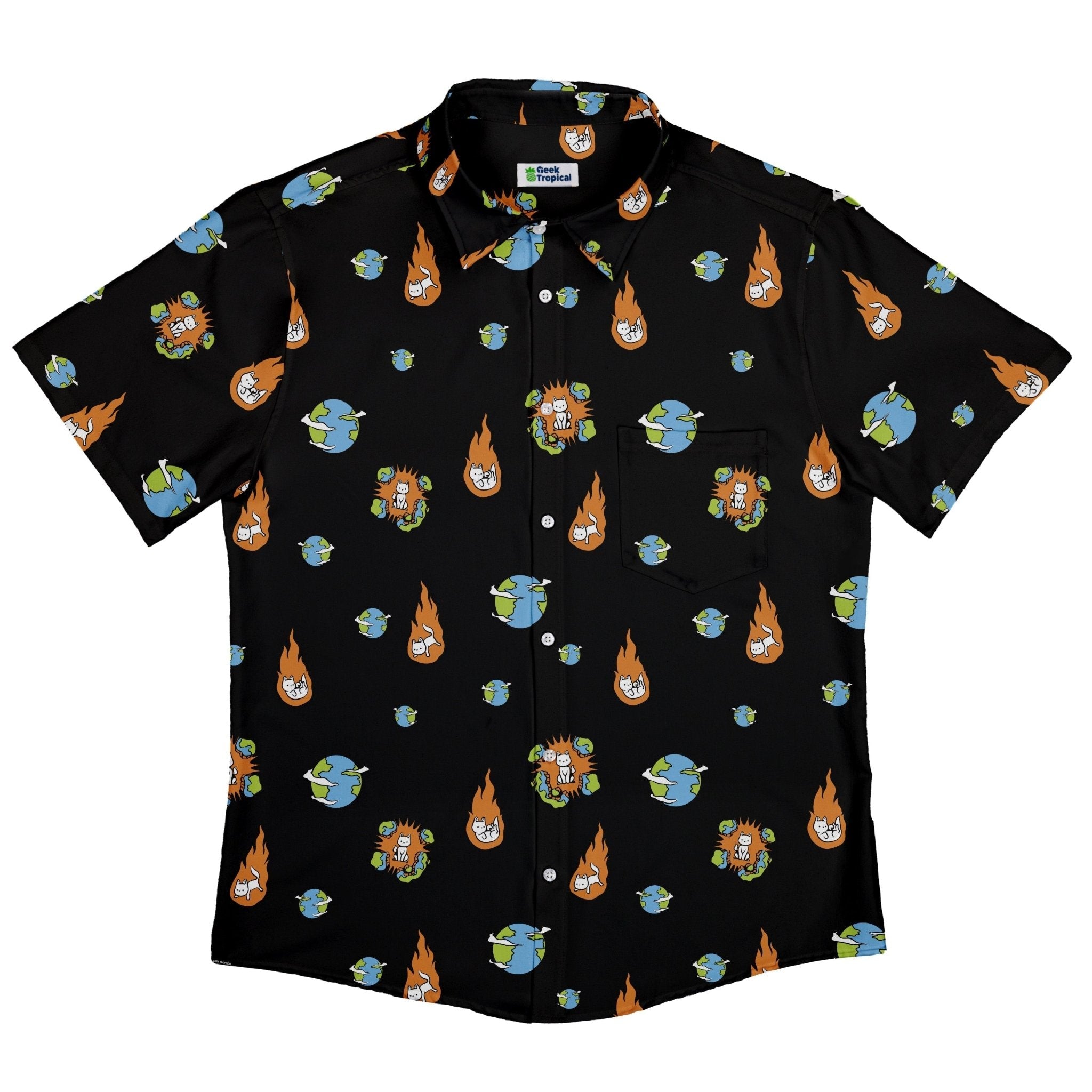 Clearance Ready - to - Ship Cat Meteor Shower Space Button Up Shirt Geek Nerd adult sizing Animal Patterns Clearance