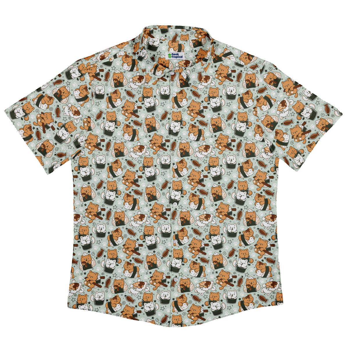 Cat Sushi Button Up Shirt Flat Front