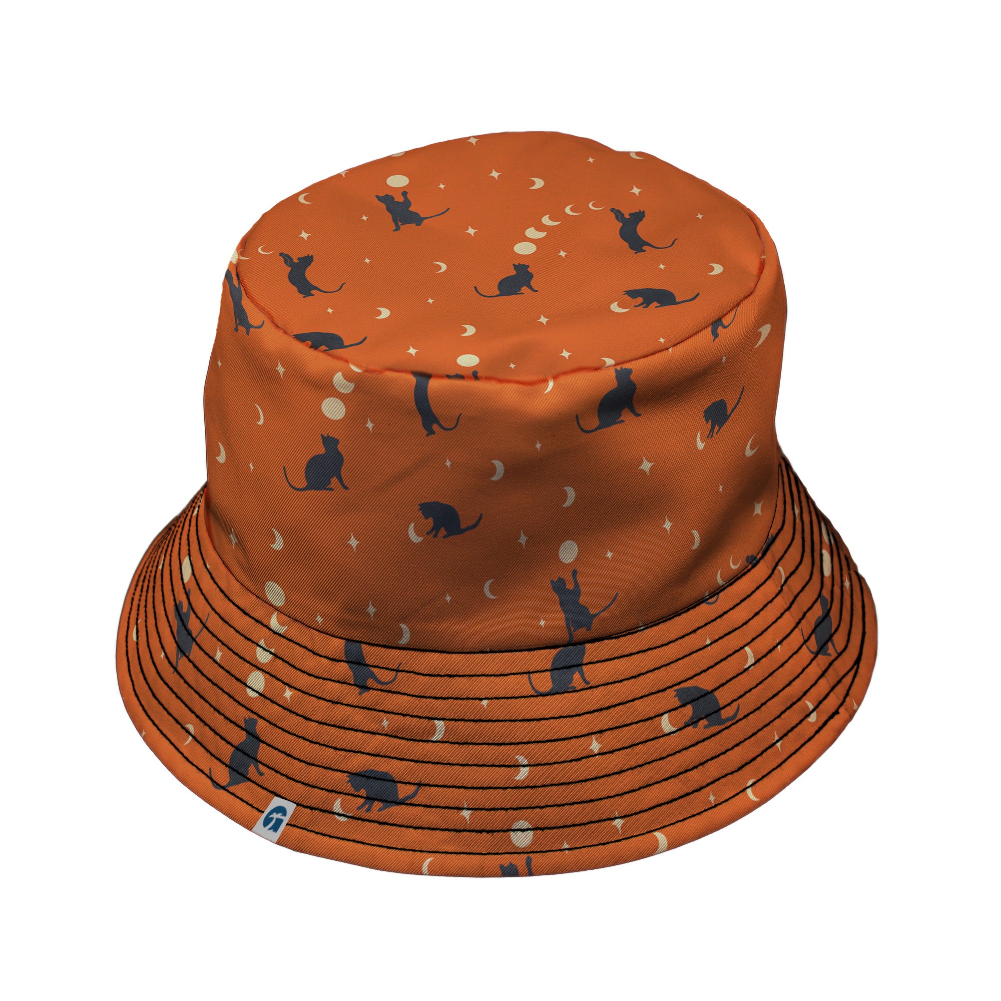 Cat and Moon Pumpkin Bucket Hat Black Stitching