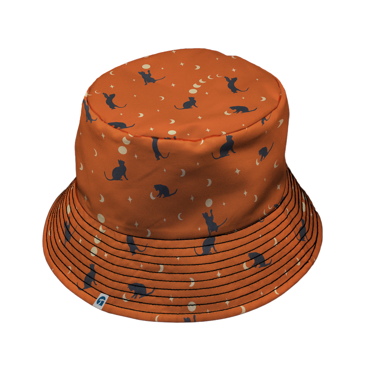 Cat and Moon Pumpkin Bucket Hat Black Stitching
