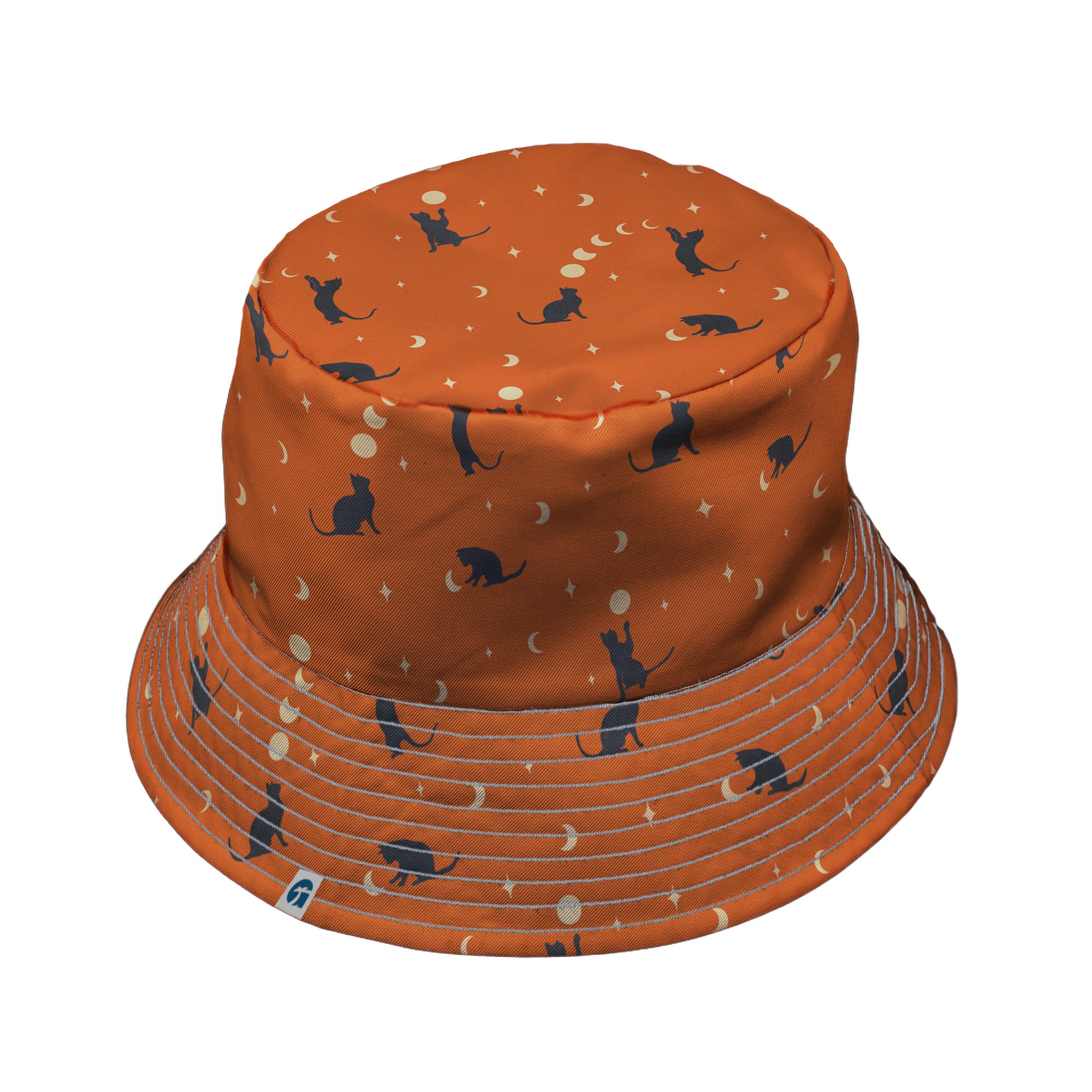Cat and Moon Pumpkin Bucket Hat Gray Stitching