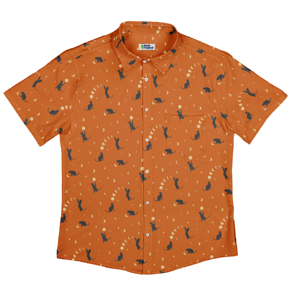 Cat and Moon Pumpkin Button Up Shirt Flat Front