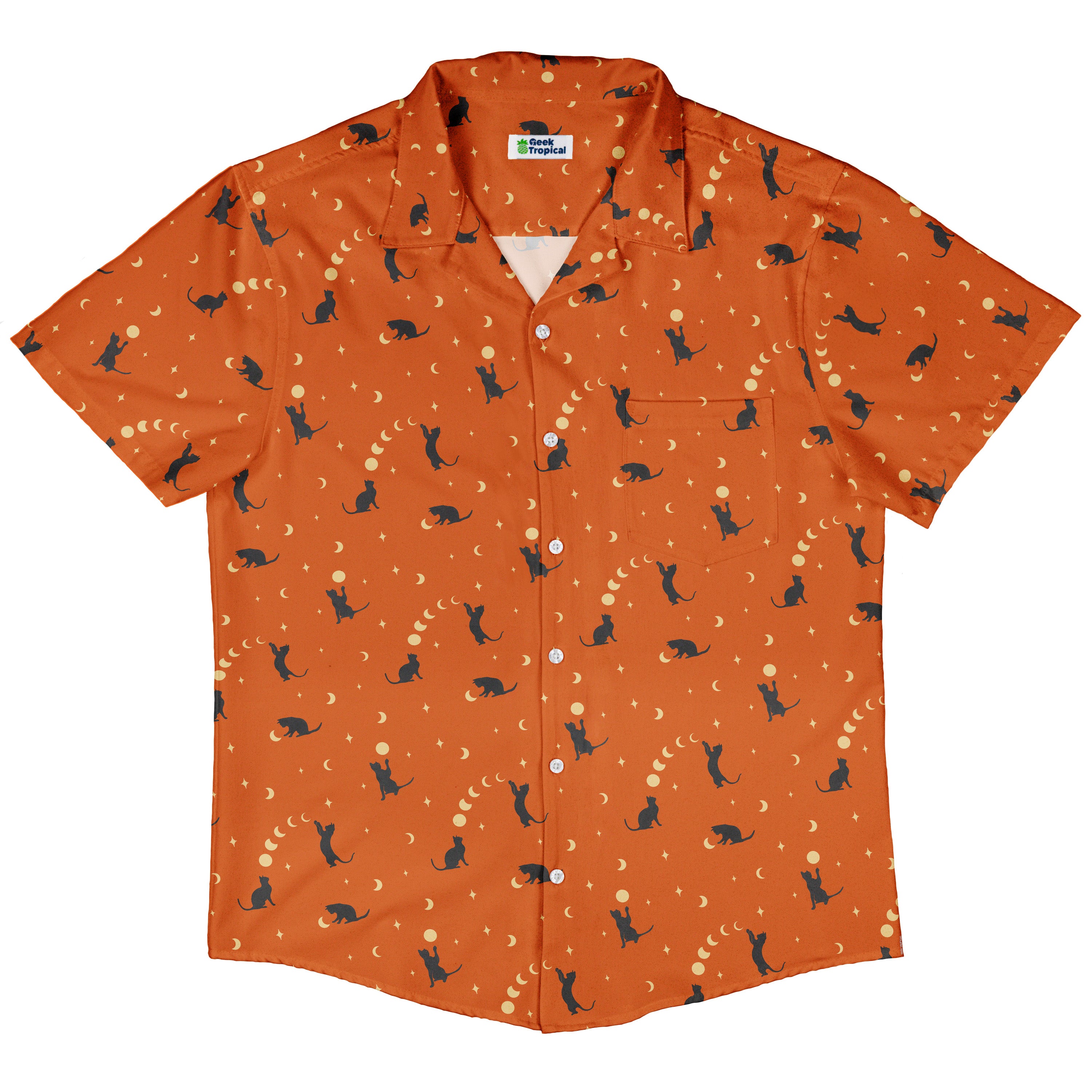 Cat and Moon Pumpkin Button Up Shirt Hawaiian Front