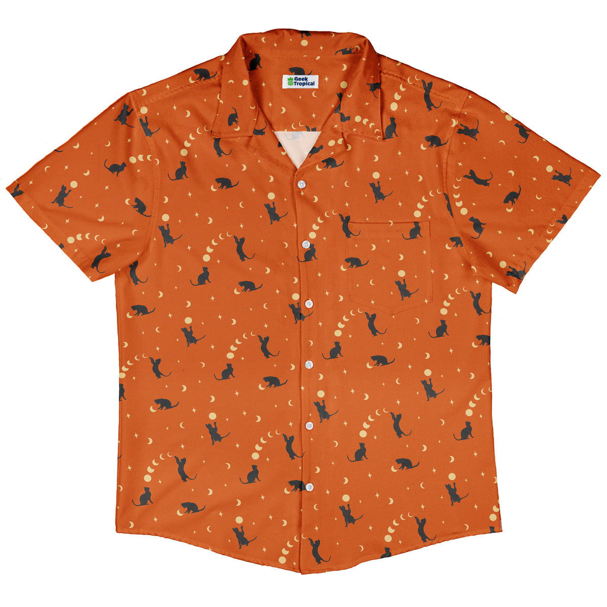 Cat and Moon Pumpkin Button Up Shirt Hawaiian Front