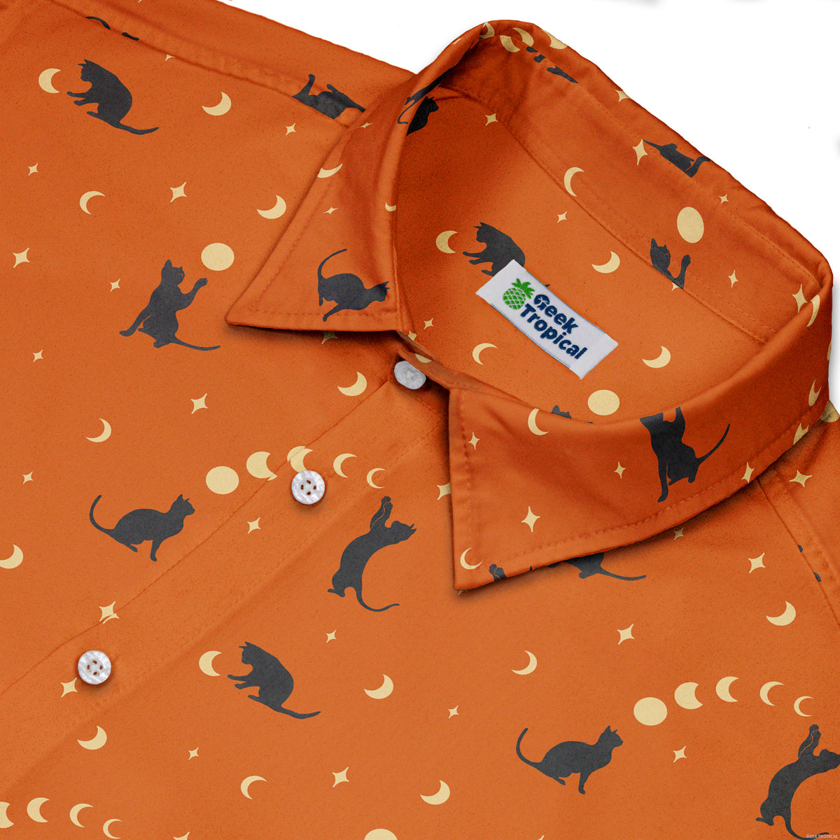 Cat and Moon Pumpkin Button Up Shirt Neck