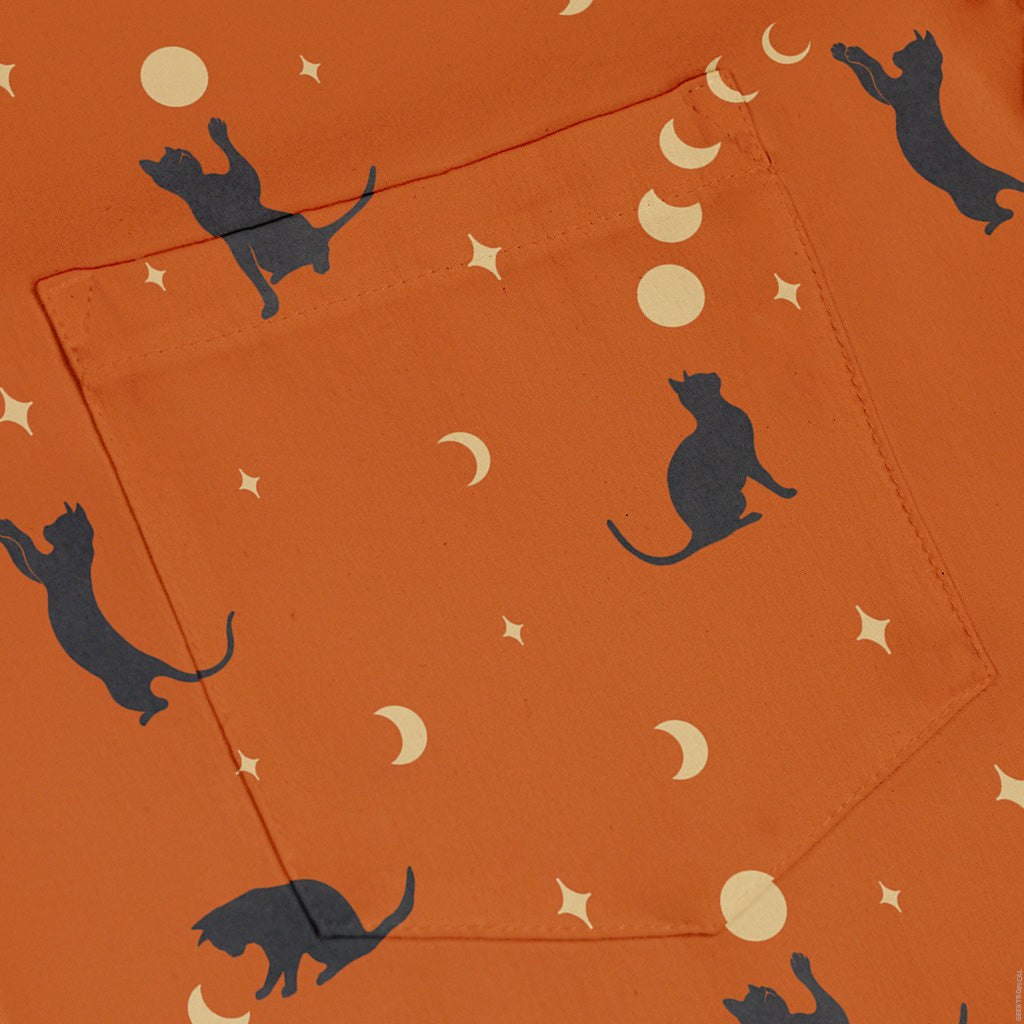 Cat and Moon Pumpkin Button Up Shirt Pocket