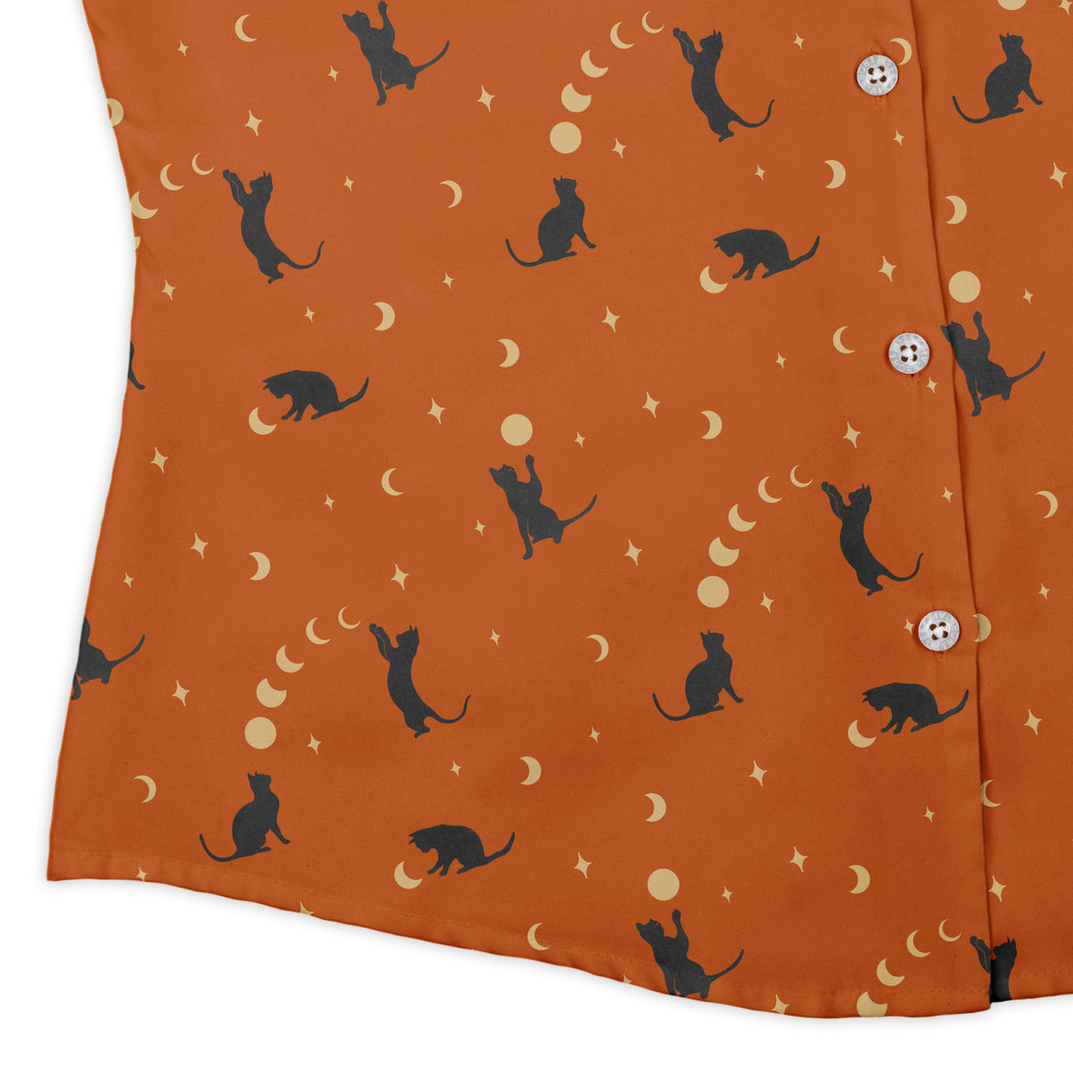 Cat and Moon Pumpkin Curvy Button Up Shirt womens corner