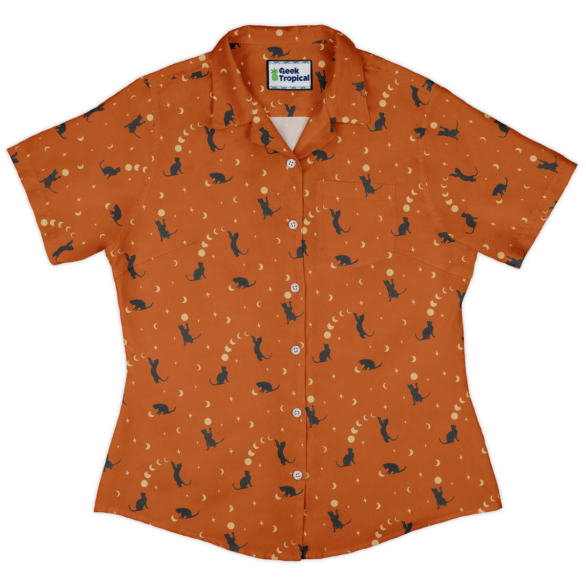 Cat and Moon Pumpkin Curvy Button Up Shirt womens front