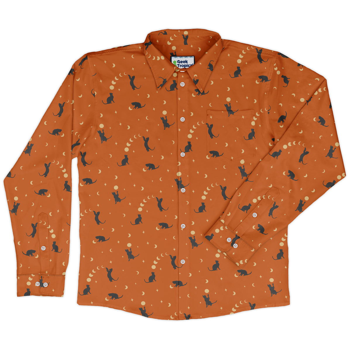Cat and Moon Pumpkin Long Sleeve Button Up Shirt front