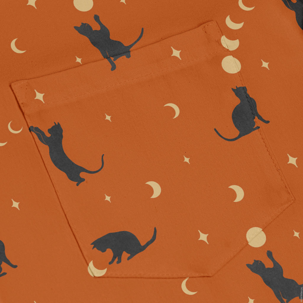 Cat and Moon Pumpkin Long Sleeve Button Up Shirt pocket