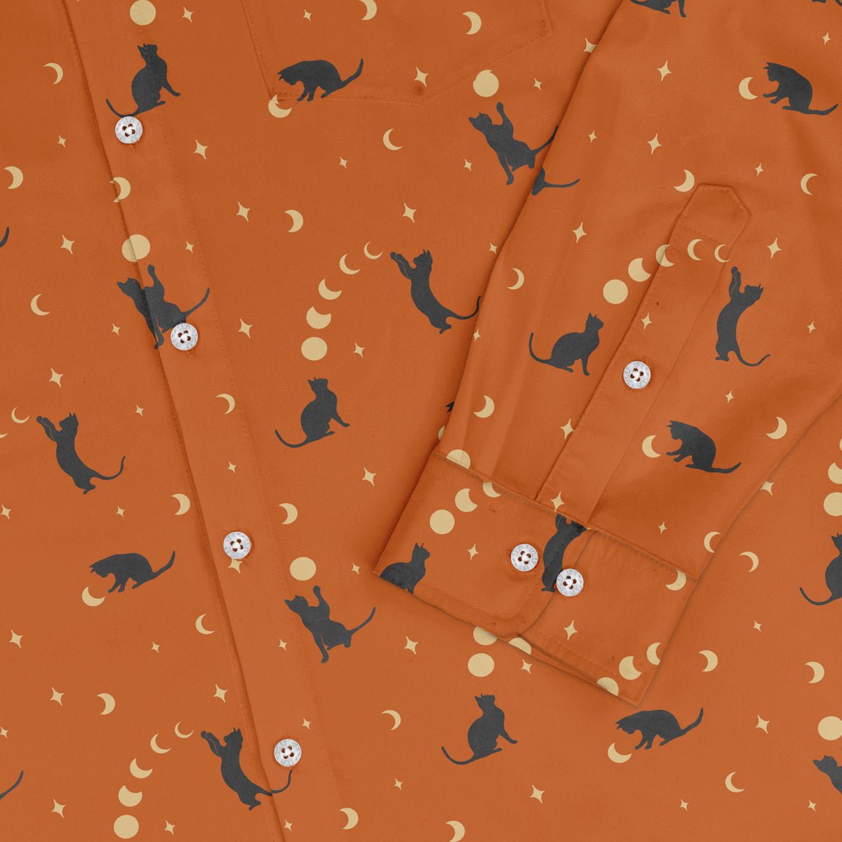 Cat and Moon Pumpkin Long Sleeve Button Up Shirt sleeve close