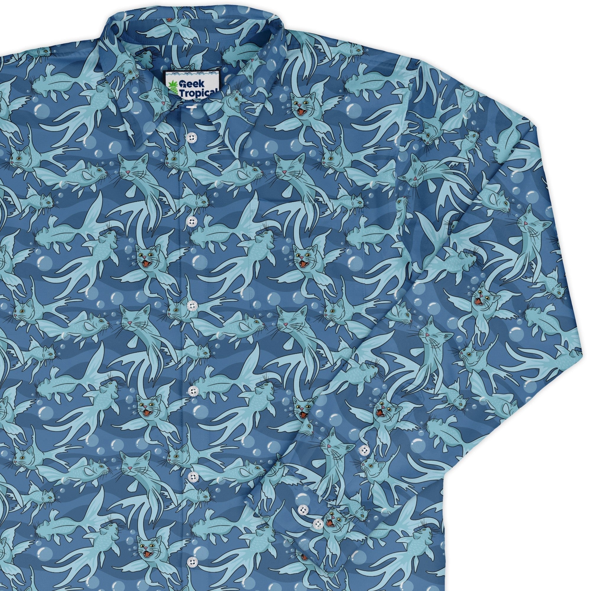 CatFish Long Sleeve Button Up Shirt Geek Nerd adult sizing animal patterns Design by Julie Kitzes