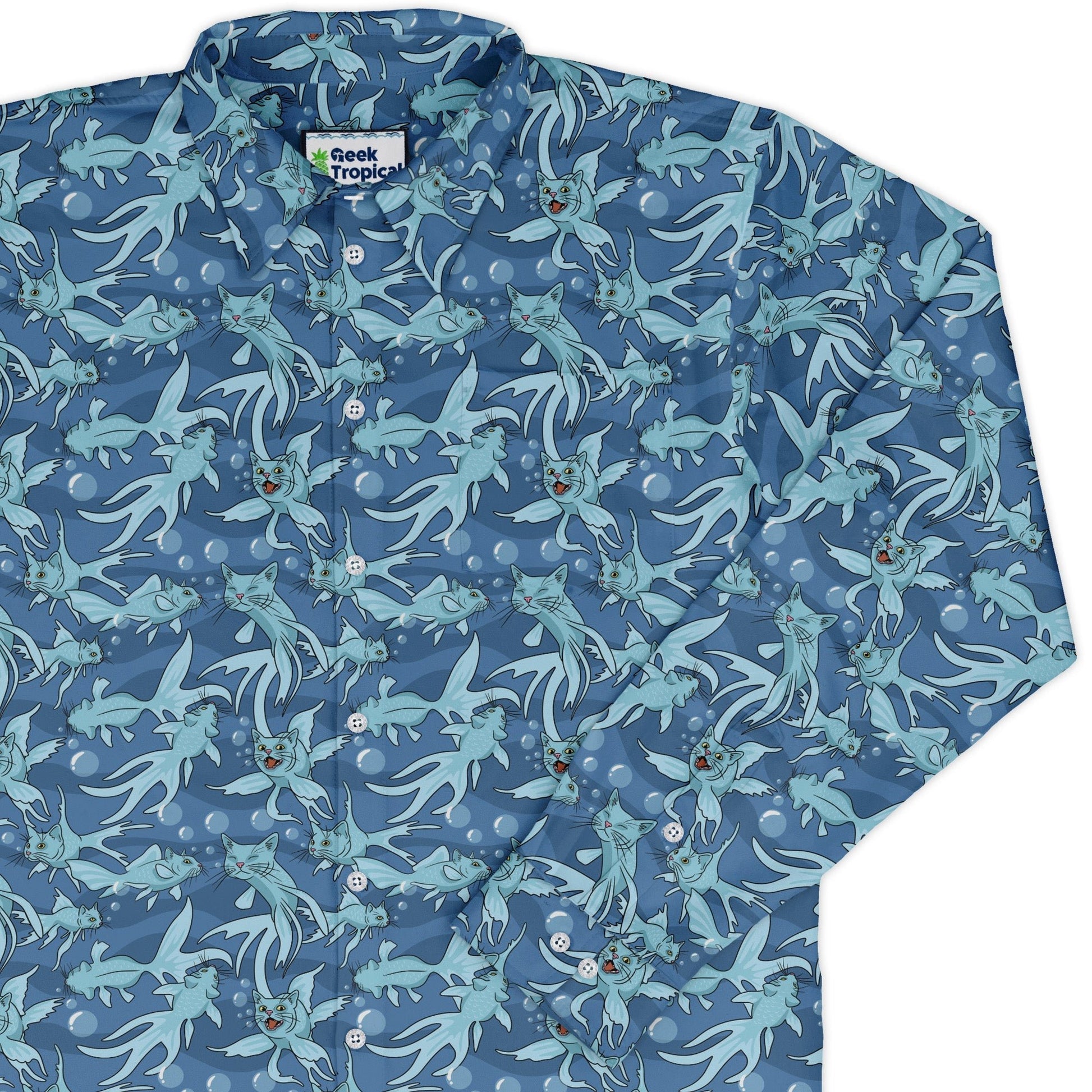 CatFish Long Sleeve Button Up Shirt Geek Nerd adult sizing animal patterns Design by Julie Kitzes