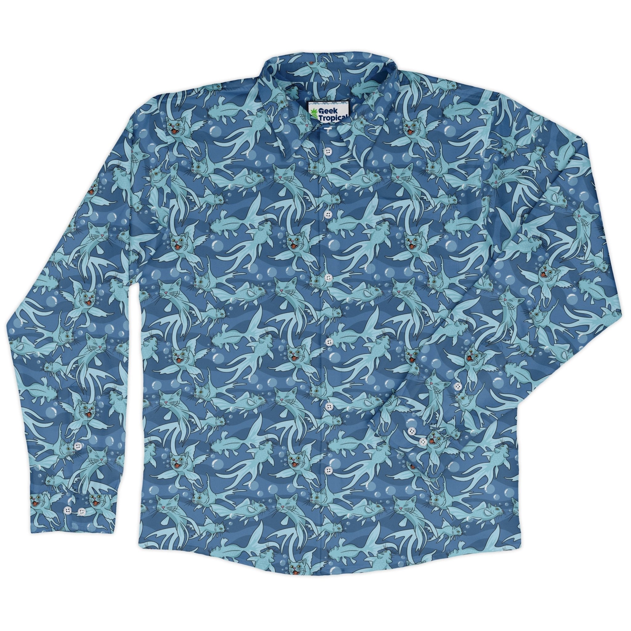CatFish Long Sleeve Button Up Shirt Geek Nerd adult sizing animal patterns Design by Julie Kitzes