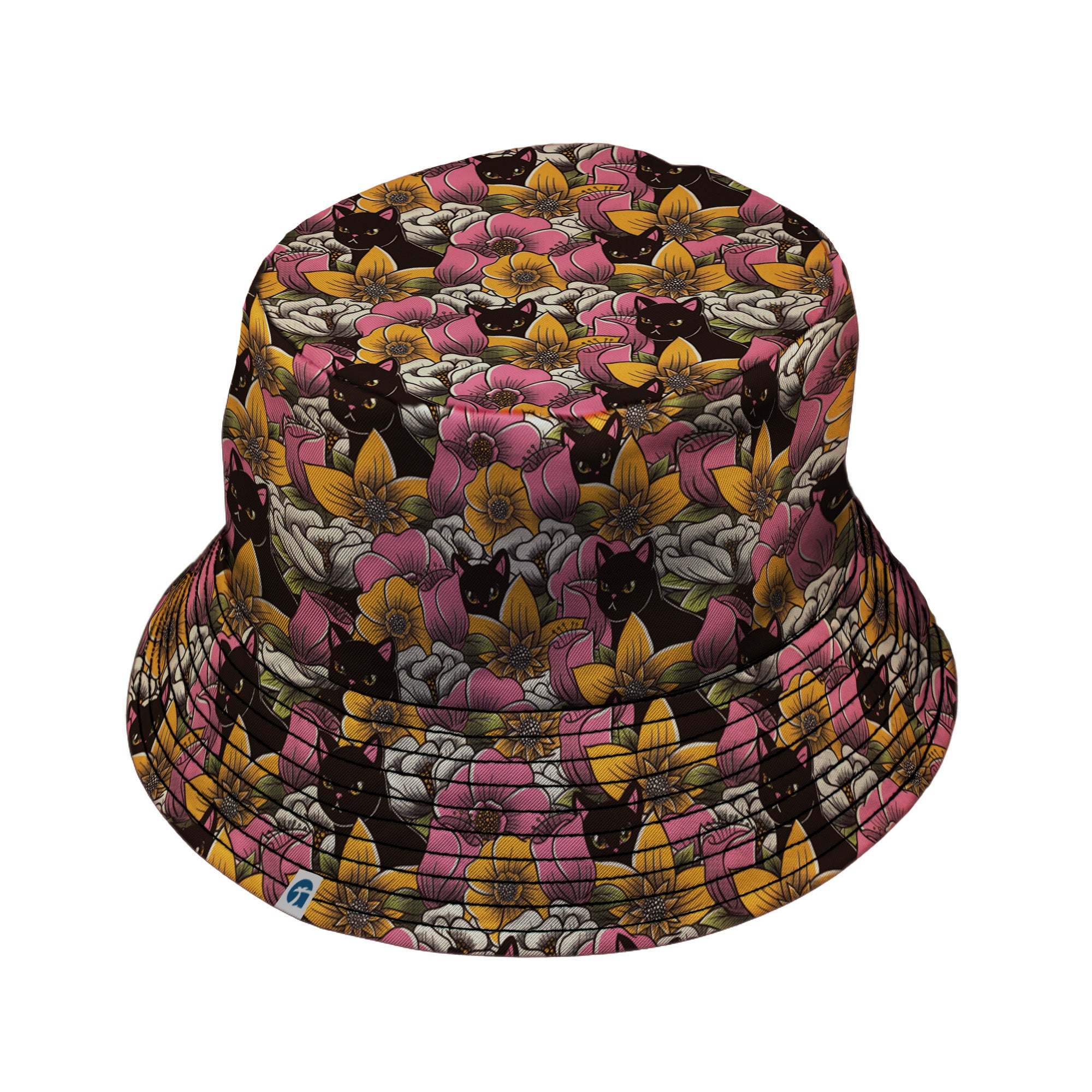 Cats in a Field of Flowers Bucket Hat Black Stitching