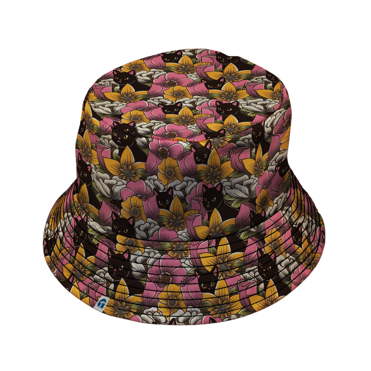 Cats in a Field of Flowers Bucket Hat Black Stitching