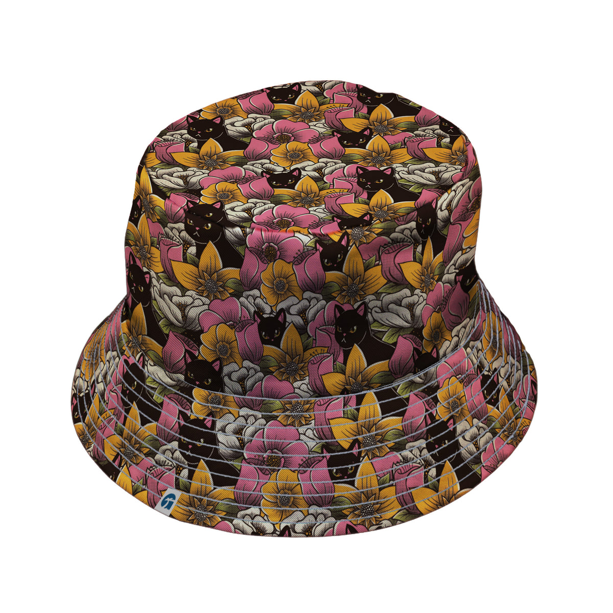 Cats in a Field of Flowers Bucket Hat Gray Stitching