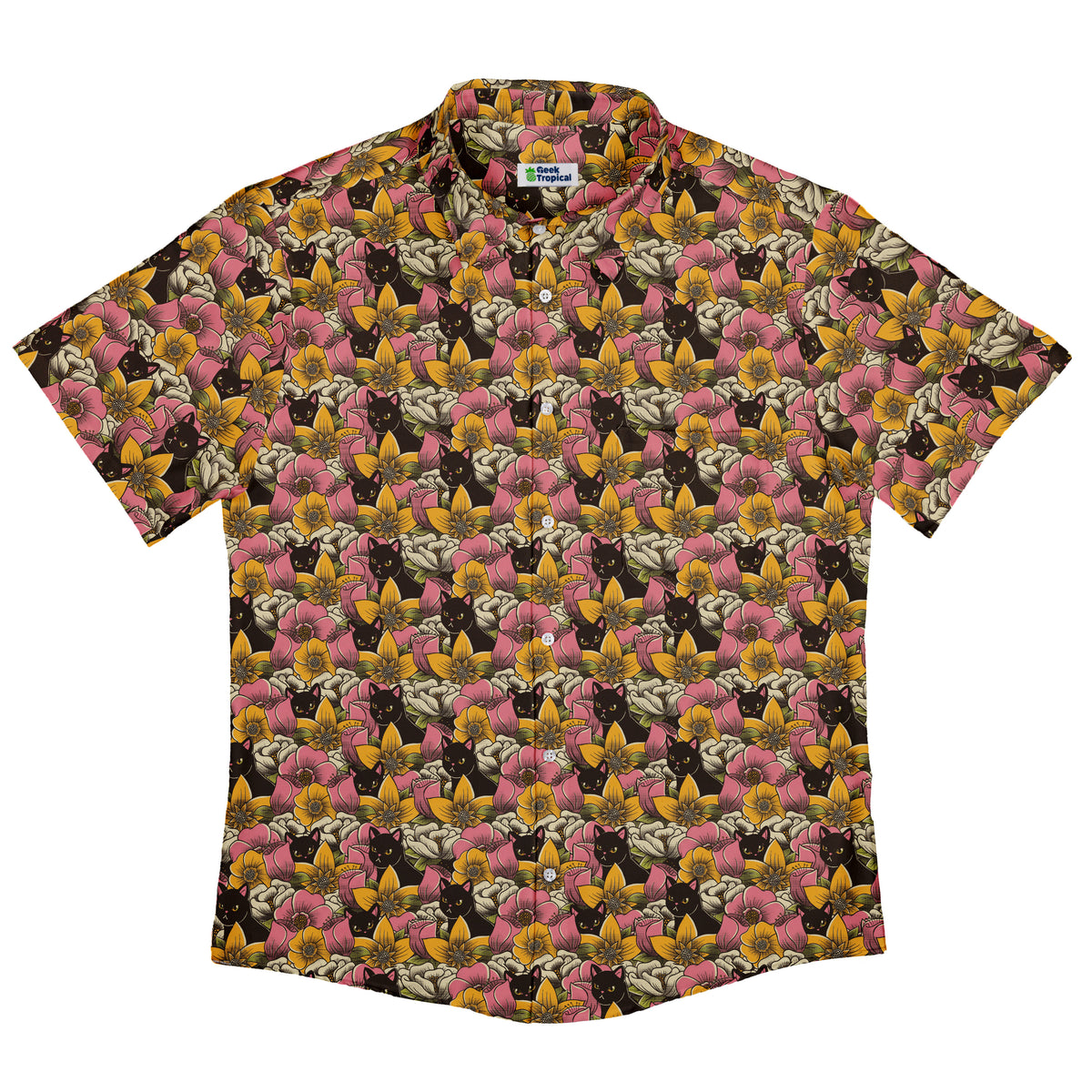 Cats in a Field of Flowers Button Up Shirt Flat Front