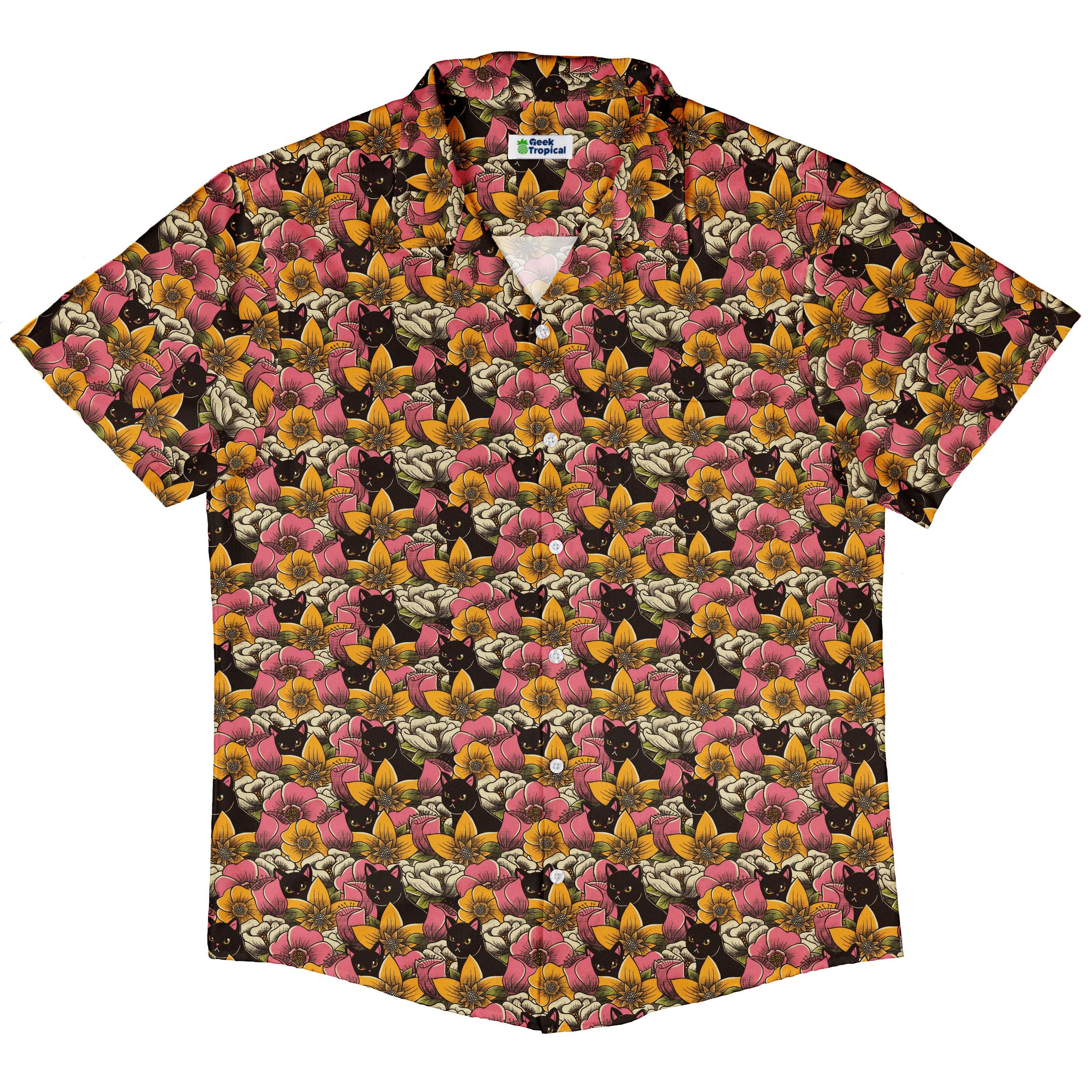 Cats in a Field of Flowers Button Up Shirt Hawaiian Front