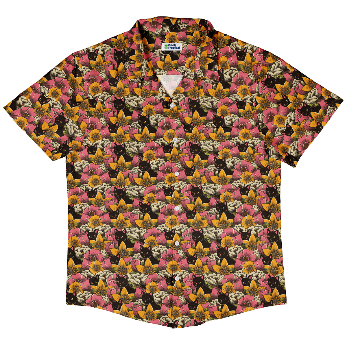 Cats in a Field of Flowers Button Up Shirt Hawaiian Front