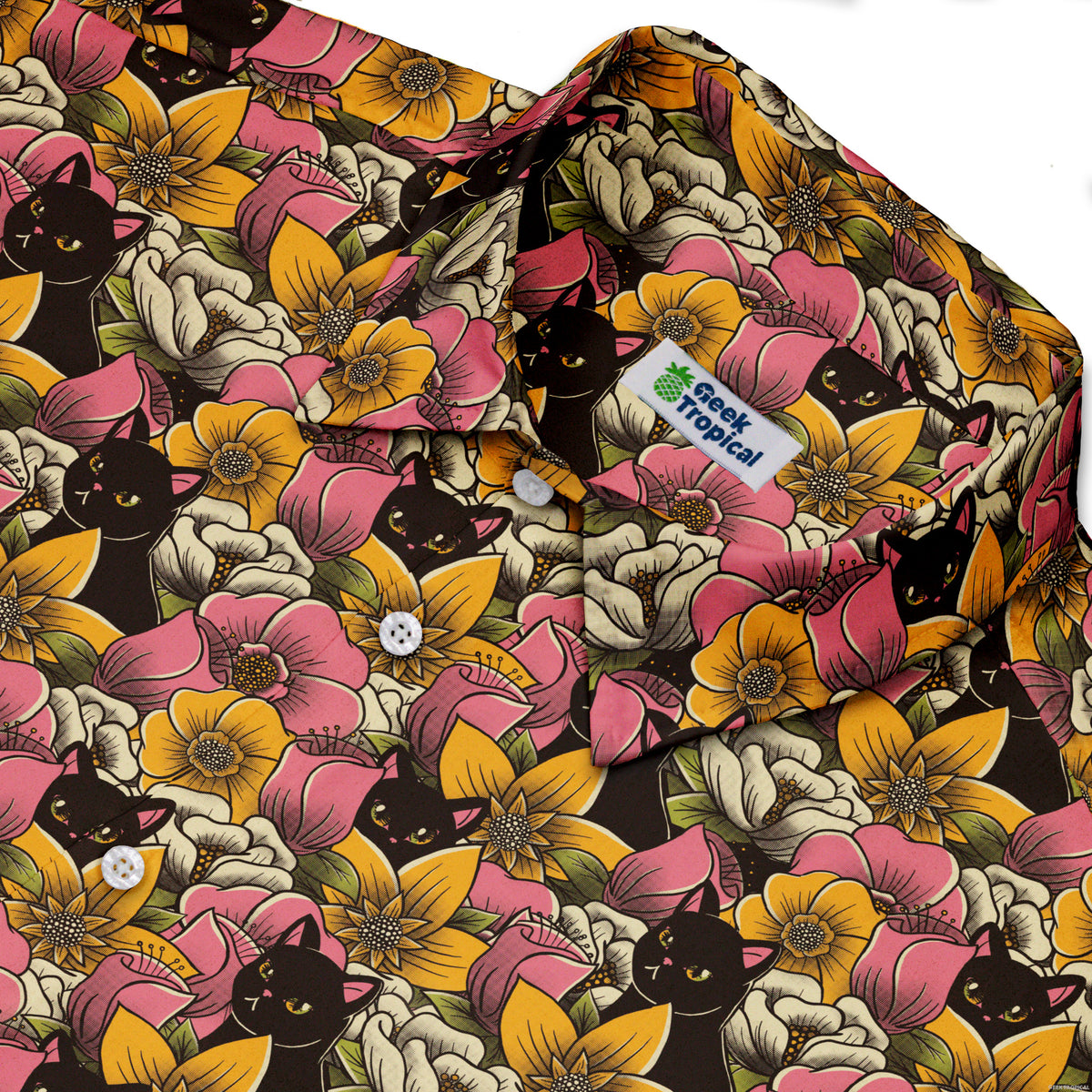 Cats in a Field of Flowers Button Up Shirt Neck