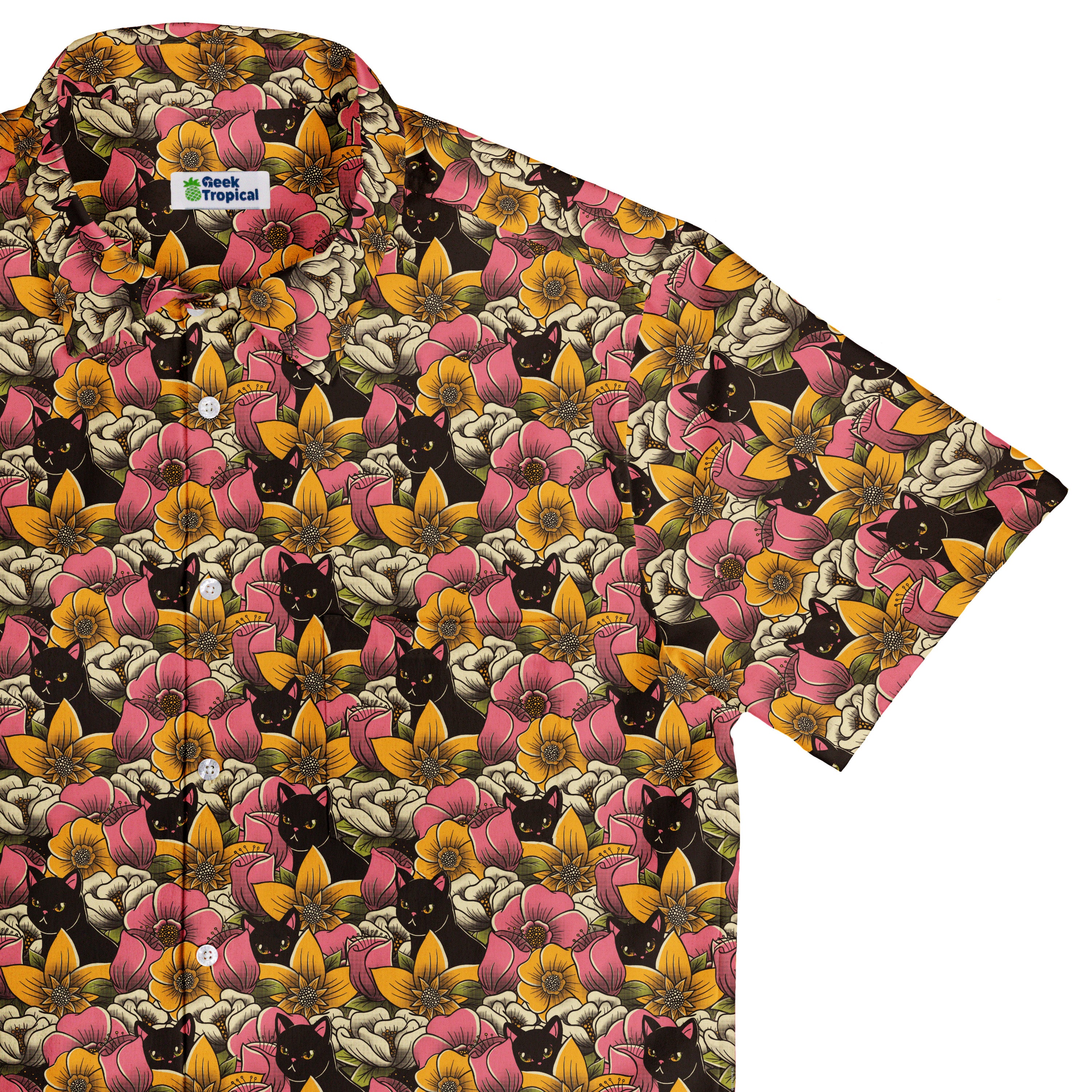 Cats in a Field of Flowers Button Up Shirt Top Corner