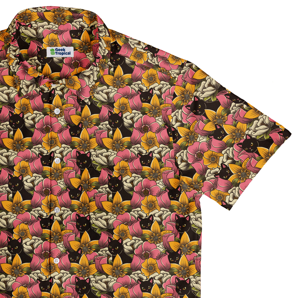 Cats in a Field of Flowers Button Up Shirt Top Corner