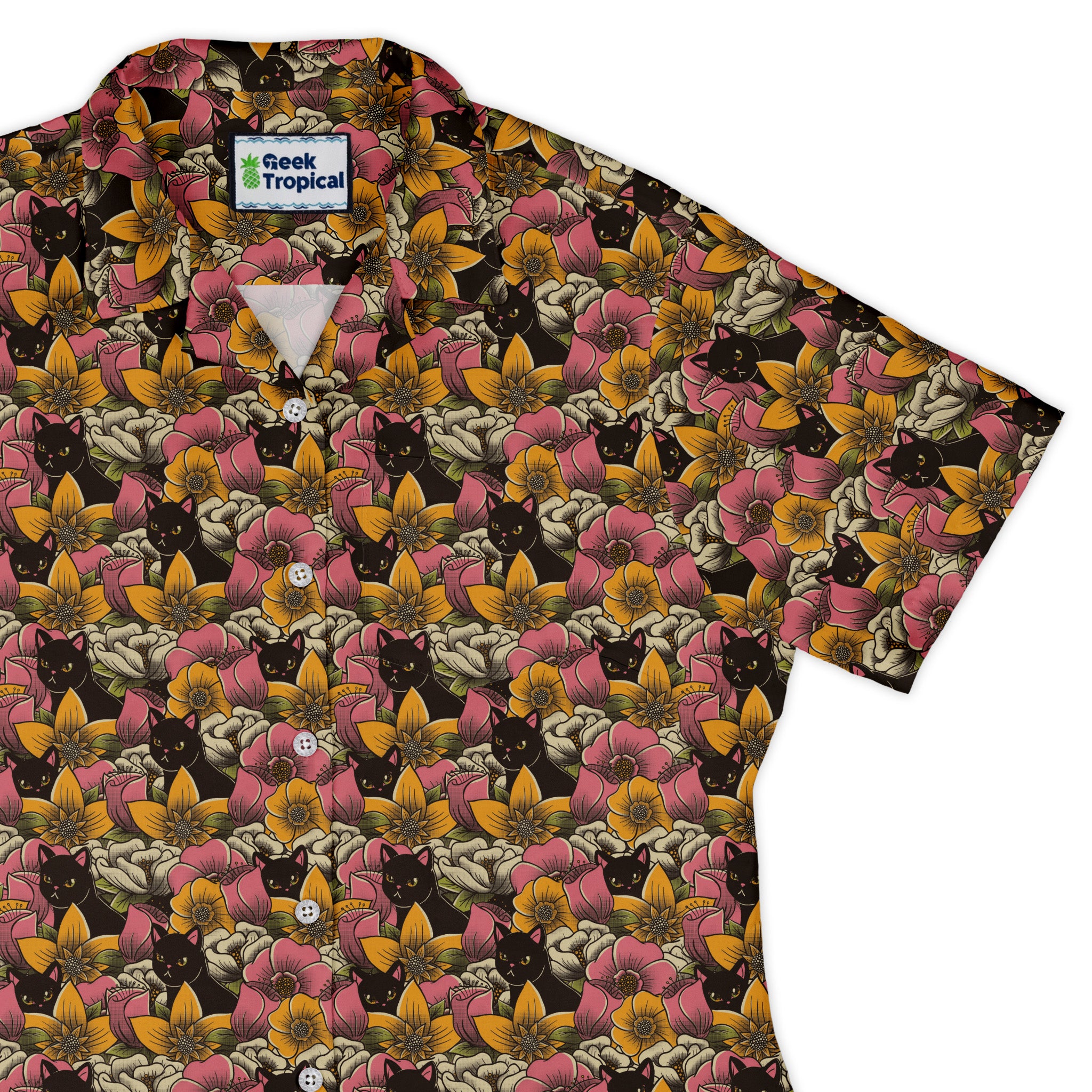 Cats in a Field of Flowers Curvy Button Up Shirt womens top right