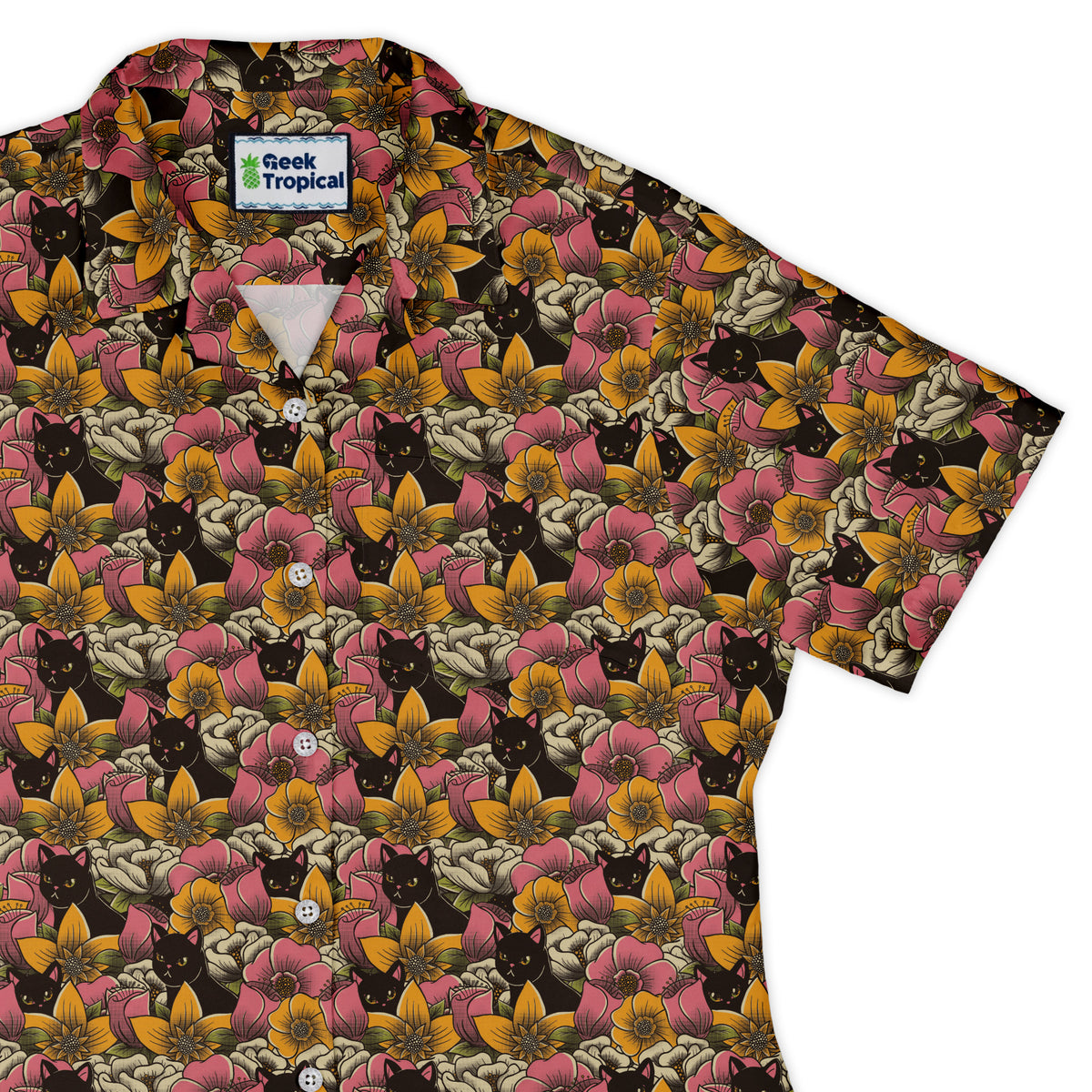 Cats in a Field of Flowers Curvy Button Up Shirt womens top right
