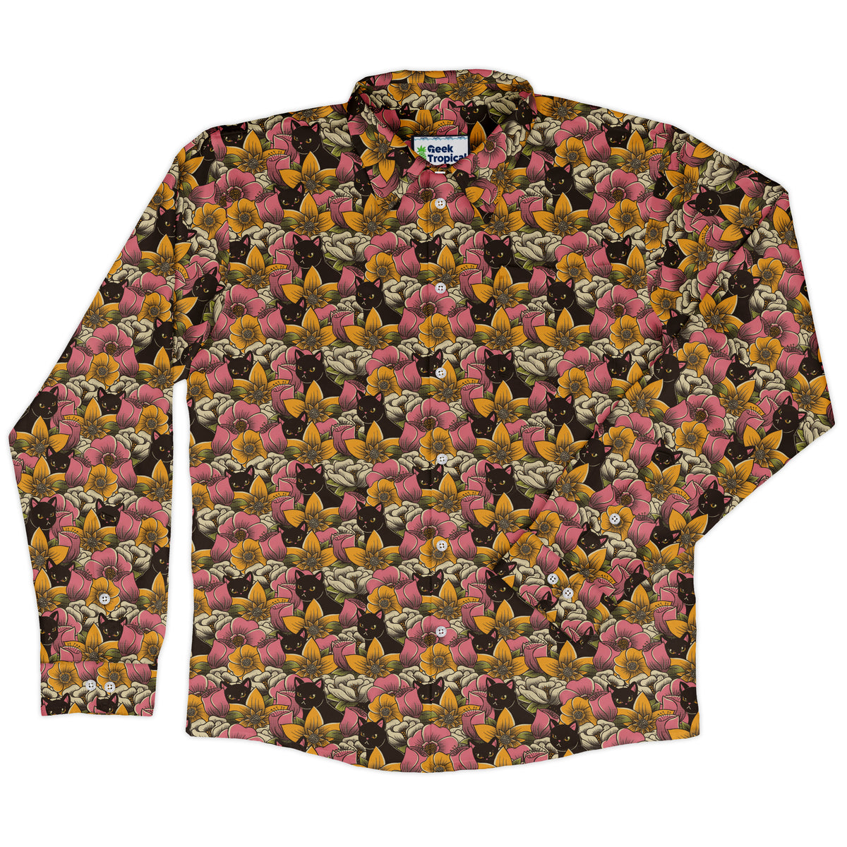 Cats in a Field of Flowers Long Sleeve Button Up Shirt front