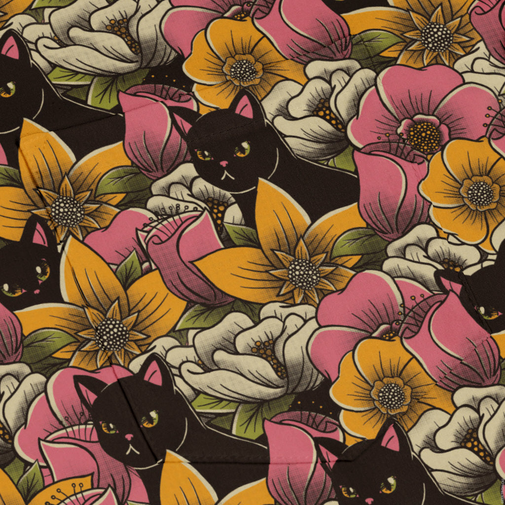 Cats in a Field of Flowers Long Sleeve Button Up Shirt pocket