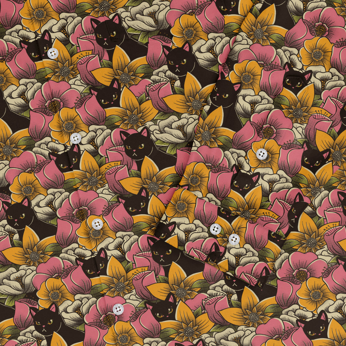 Cats in a Field of Flowers Long Sleeve Button Up Shirt sleeve close