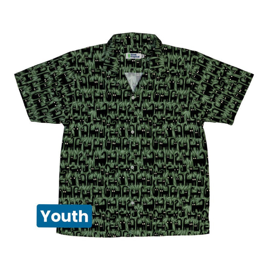 Cats in the Leaves Youth Hawaiian Shirt Geek Nerd Animal Patterns Botany Print Design by Heather Davenport