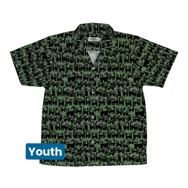 Cats in the Leaves Youth Hawaiian Shirt Geek Nerd Animal Patterns Botany Print Design by Heather Davenport