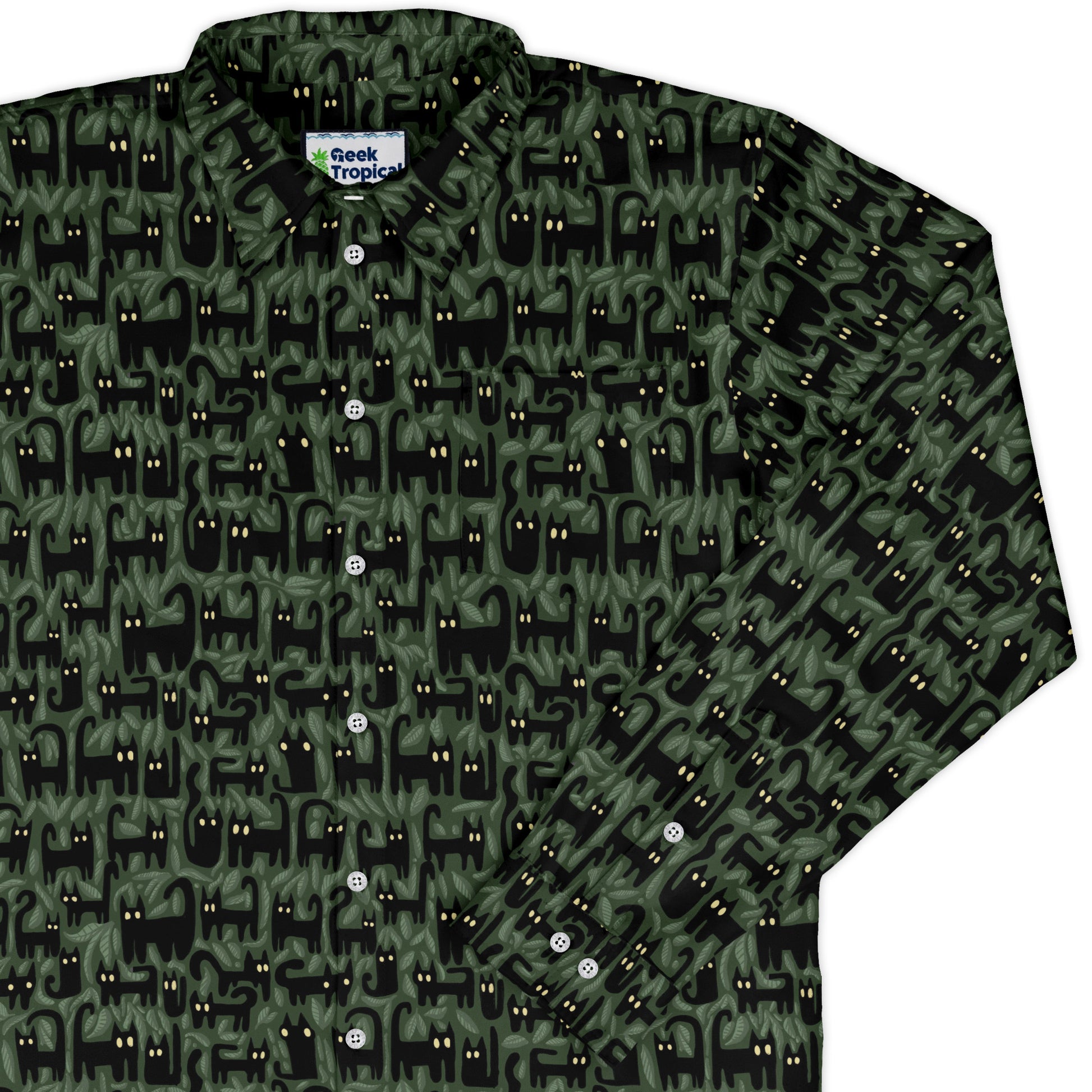 Cats in the Leaves Long Sleeve Button Up Shirt 1