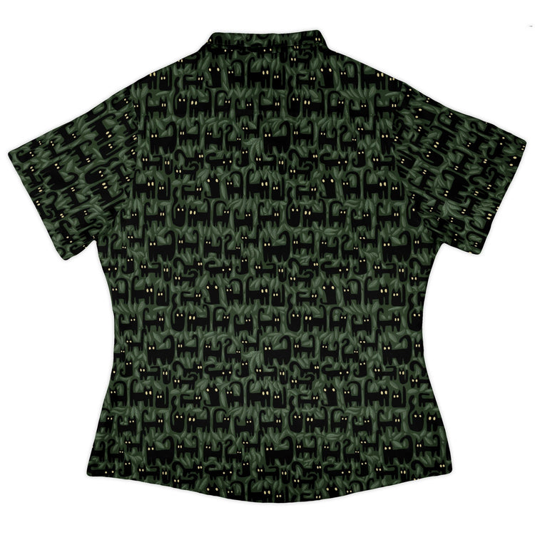 Cats in the Leaves Curvy Button Up Shirt Geek Nerd All Adult Button Up Shirts Animal Patterns Botany Print